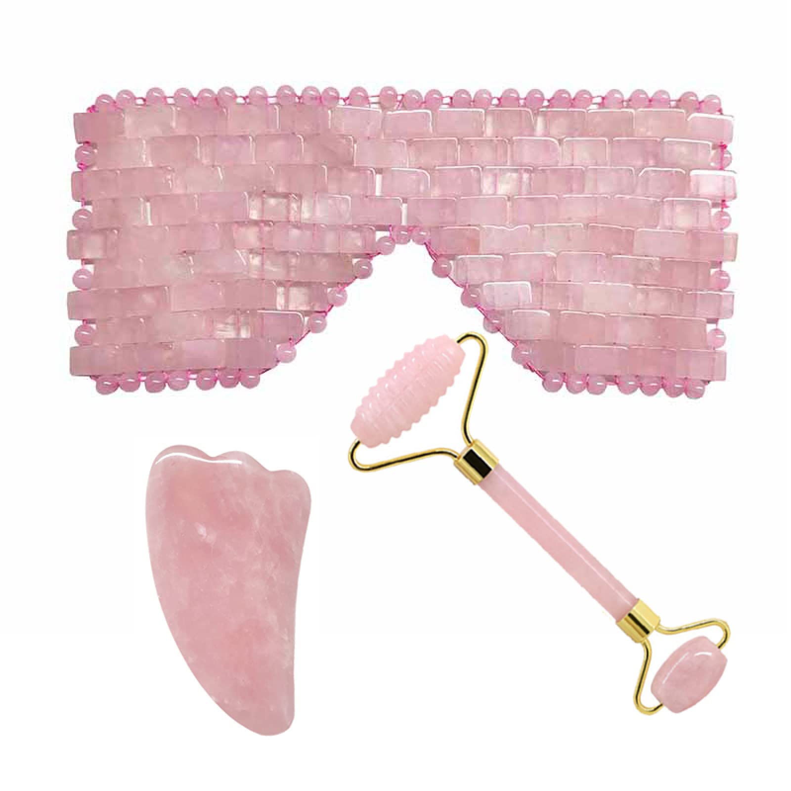 Máscara de ojo de jade de cuarzo rosa natural Guasha Board Juego de rodillos de masaje facial de piedra de cristal, una
