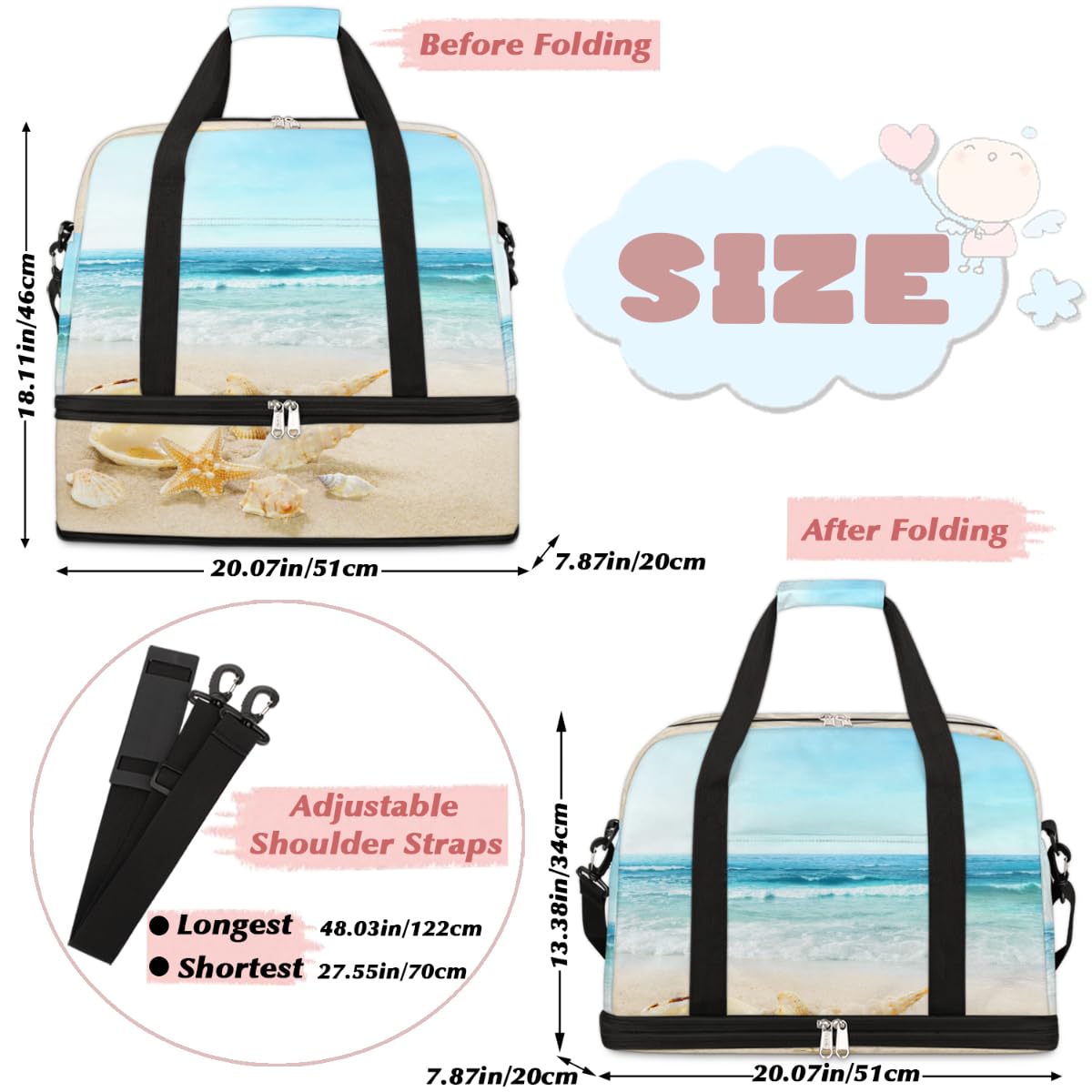 Shells Beach Sea - Bolsa de viaje plegable para playa, 47 L, bolsa de fin de semana con funda de carrito, bolsa de hombro separada para deportes, gimnasio, viajes, multicolor, 47L, Bolsa de viaje