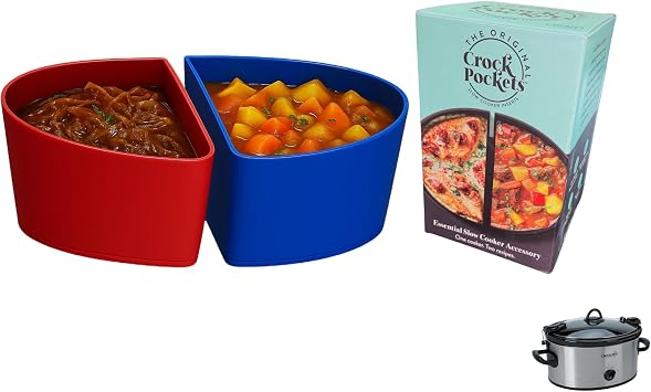 CrockPockets Blue & Red Reusable Silicone Slow Cooker Dividers 6Qt Divider Set 2-Pack, Non-Stick, Leak-Resistant, BPA-Free, Dishwasher Safe + Free Digital Cookbook!