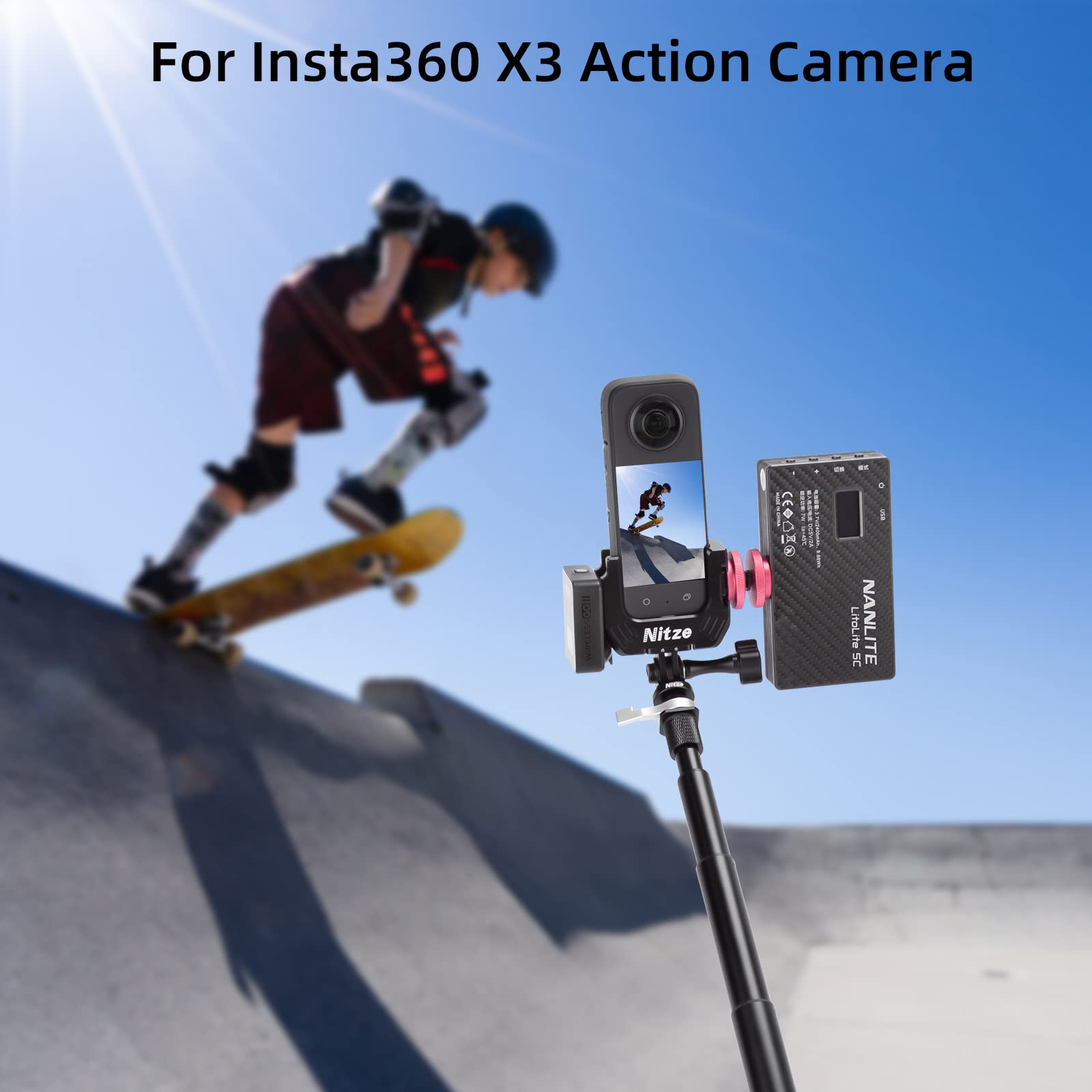 Nitze 360 X3 Gabbia per Insta360 X3, Alluminio Cage per Fotocamera con Fori Filettati da 1/4" e Fori di Posizionamento, con Adattatori Pieghevoli per le Dita e Doppie Cold Shoe - T-IN01A