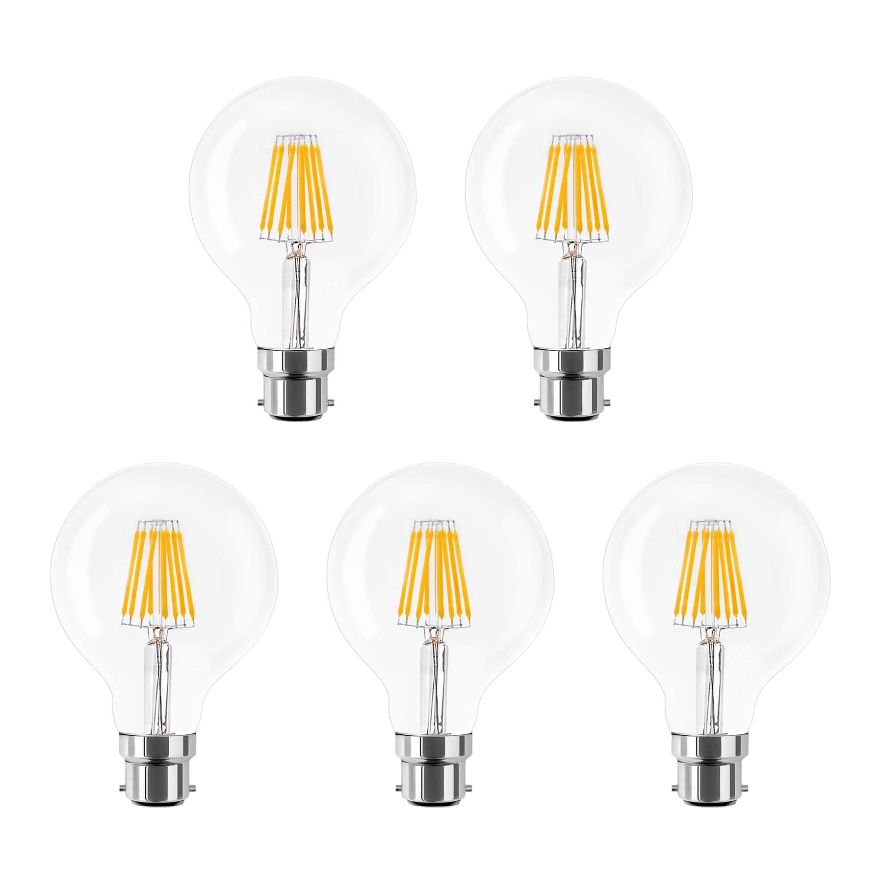 G.W.Sยฎ LED Filament Bulb, G80 B22 Bayonet, LED Globe Bulb, 8W Dimmable Day White 6400K, Clear Glass, Pack of 5
