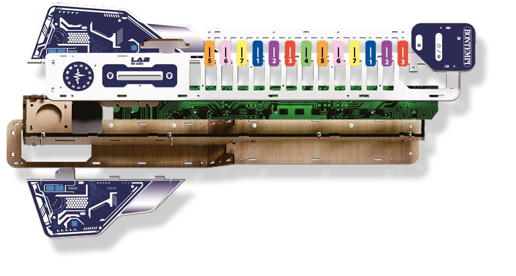 BONTEMPI - Kit di Montaggio Chitarra Elettronica con Componenti in Legno, Unità di Controllo Elettronica, Altoparlanti, 20 Brani Pre-Registrati, 5 Suoni, Volume Regolabile 165x415x50 mm