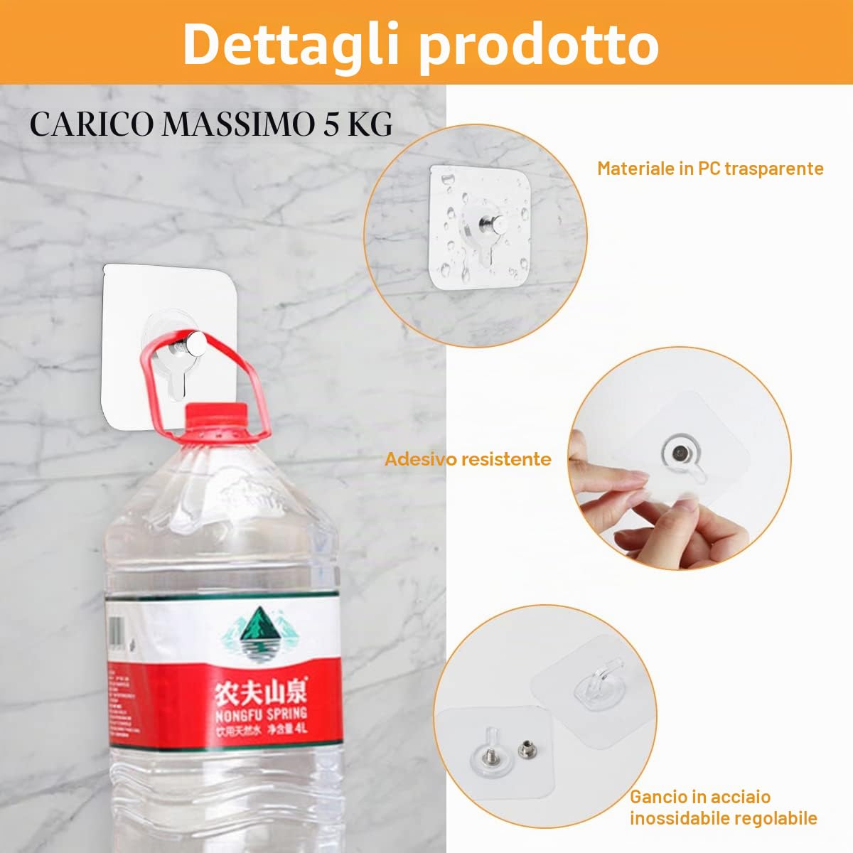 Ganci autoadesivi trasparenti 30 pezzi carico massimo 5 kg per quadri poster foto
