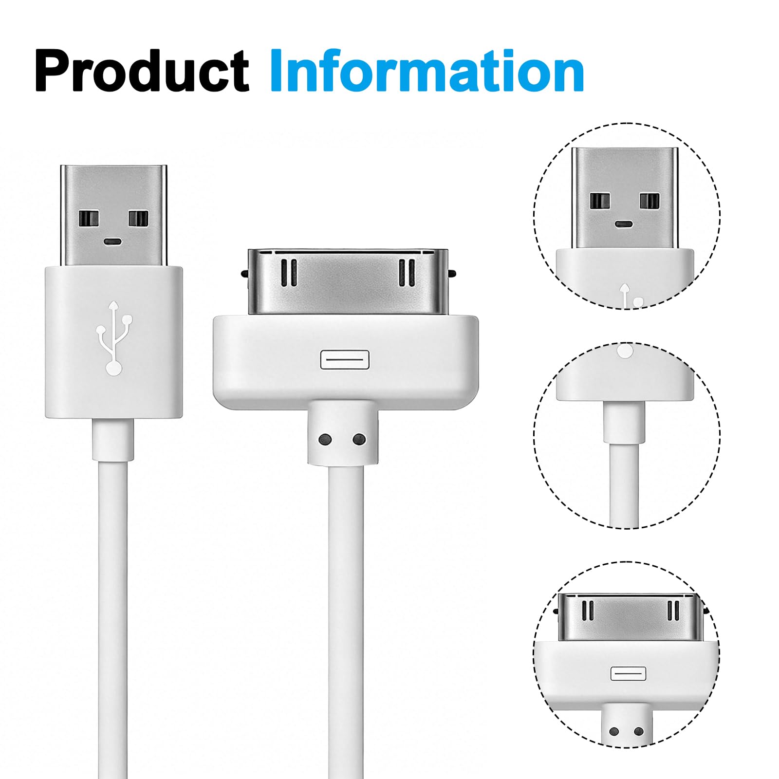 USB Sync and Charging Data Compatible With iPhone 4/4S/3G/3GS, iPad 1/2/3, iPod Touch/Classic, Old 30-Pin Devices, 1M, White — view 3