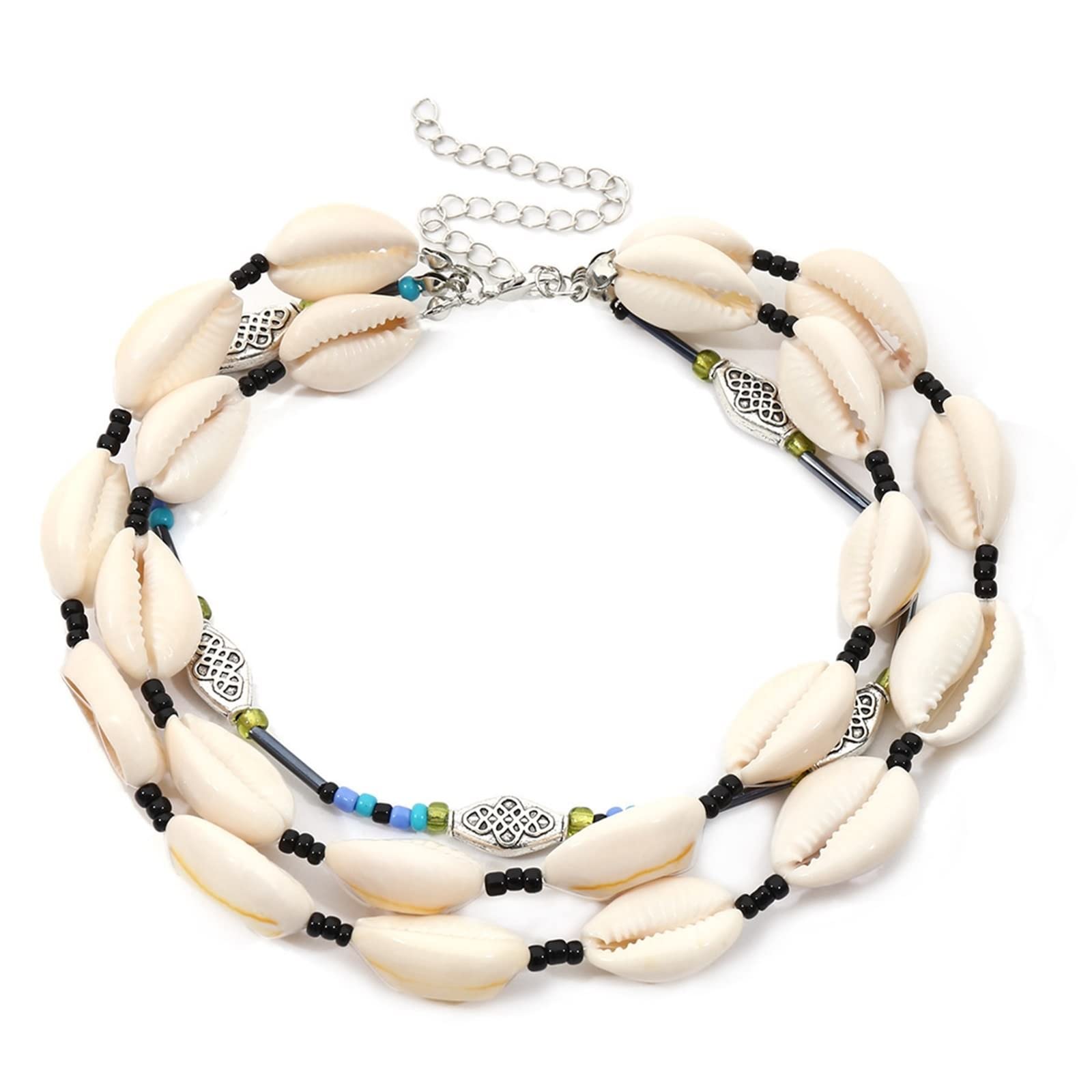 Collares largos de para mujer, capa de plata de 3 conchas y cuentas, collar ajustable para fiesta, aniversario, niñas
