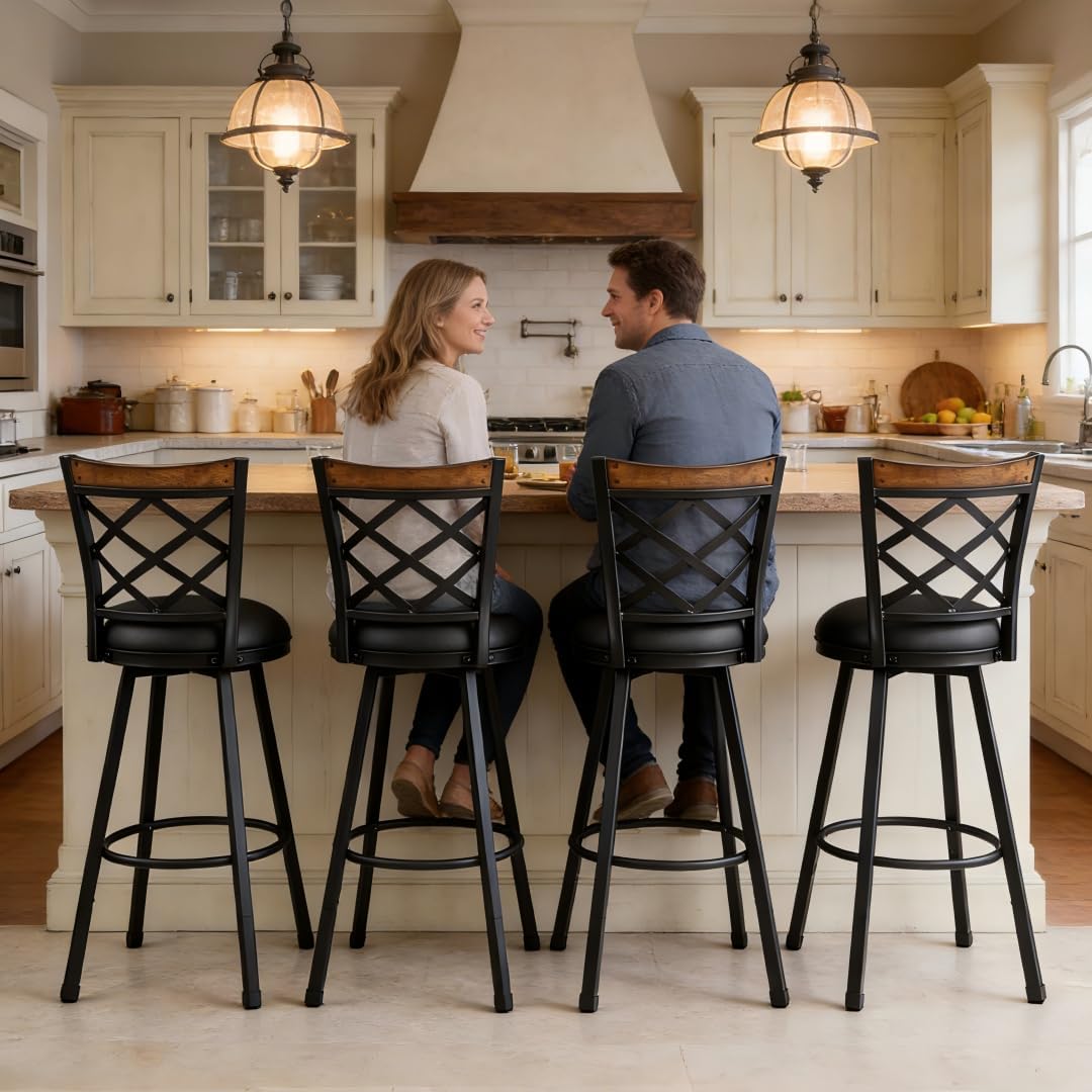 Swivel Bar Stools with Backs Set of 2, 2-in-1 Adjustable 25"-30" Seat Height, Farmhouse Bar Chairs with Black Faux Leather- Industrial Metal & Vintage Wood for Kitchen Island, Home Bar, Pub