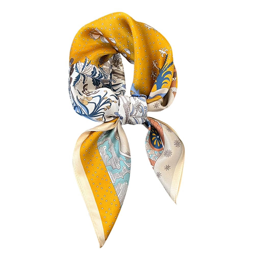 MEISEE 100% Pure Mulberry Silk Square Scarf 27x27in (68x68cm) Blue Yellow Flowers