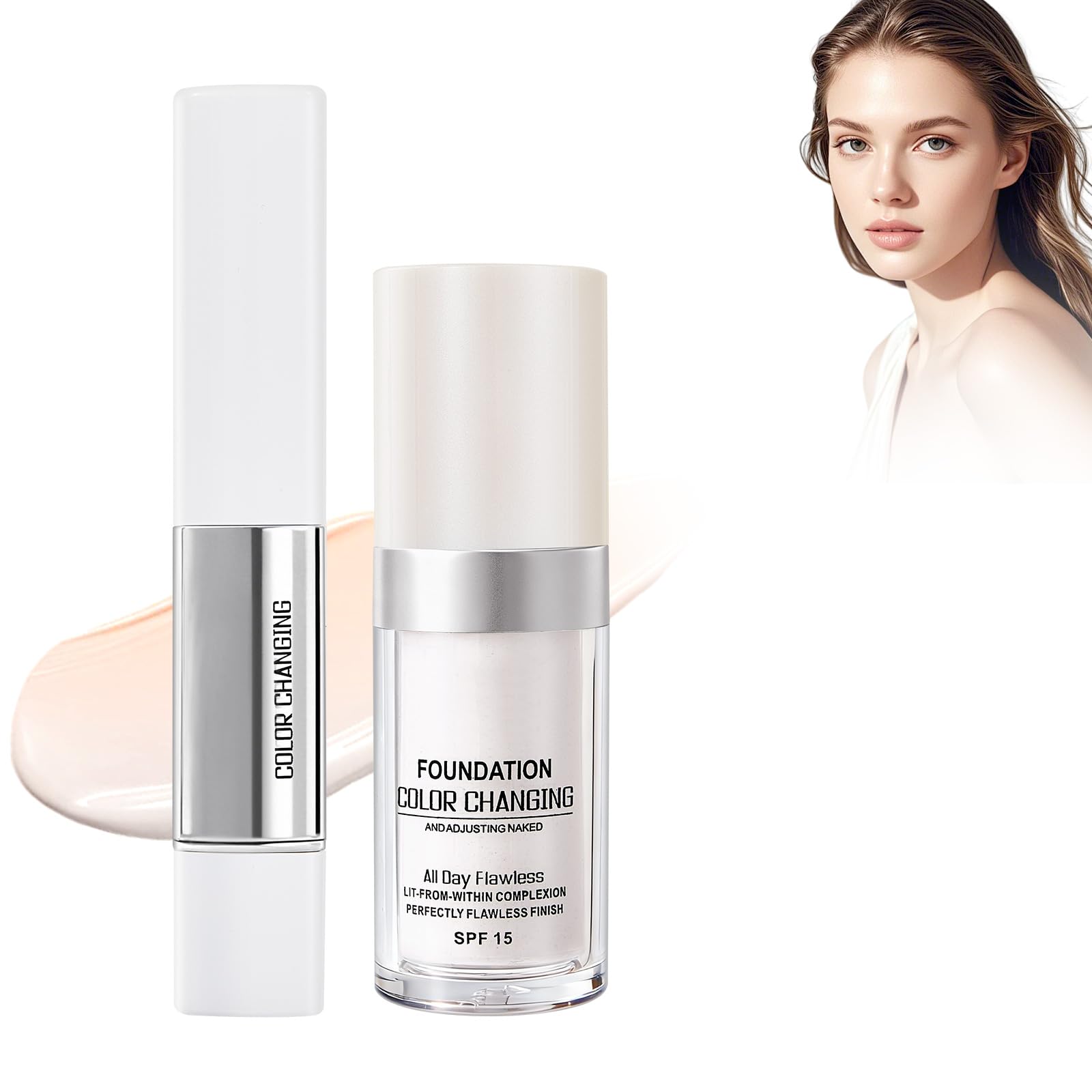 Foundation Color Changing. 2-in-1 Farbwechselnder Foundation Stick. Korrigiert den Hautton. Spendet Feuchtigkeit. SPF 15. Farbwechselnde Foundation für Reife Haut. Foundation Make Up Set Natural