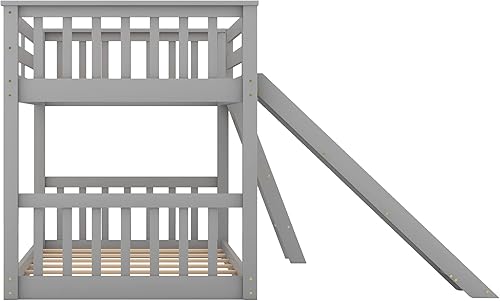 Miniatura 5 de Litera individual sobre individual con tobogán litera de suelo con tobogán convertible y escalera marco de cama baja de madera para niños