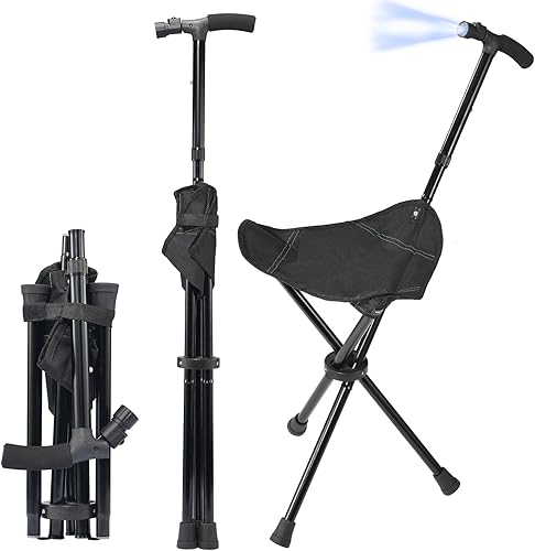 Cane with Seat Foldable Lightweight Walking Cane with LED Light Adjustable Walking Stick for Seniors