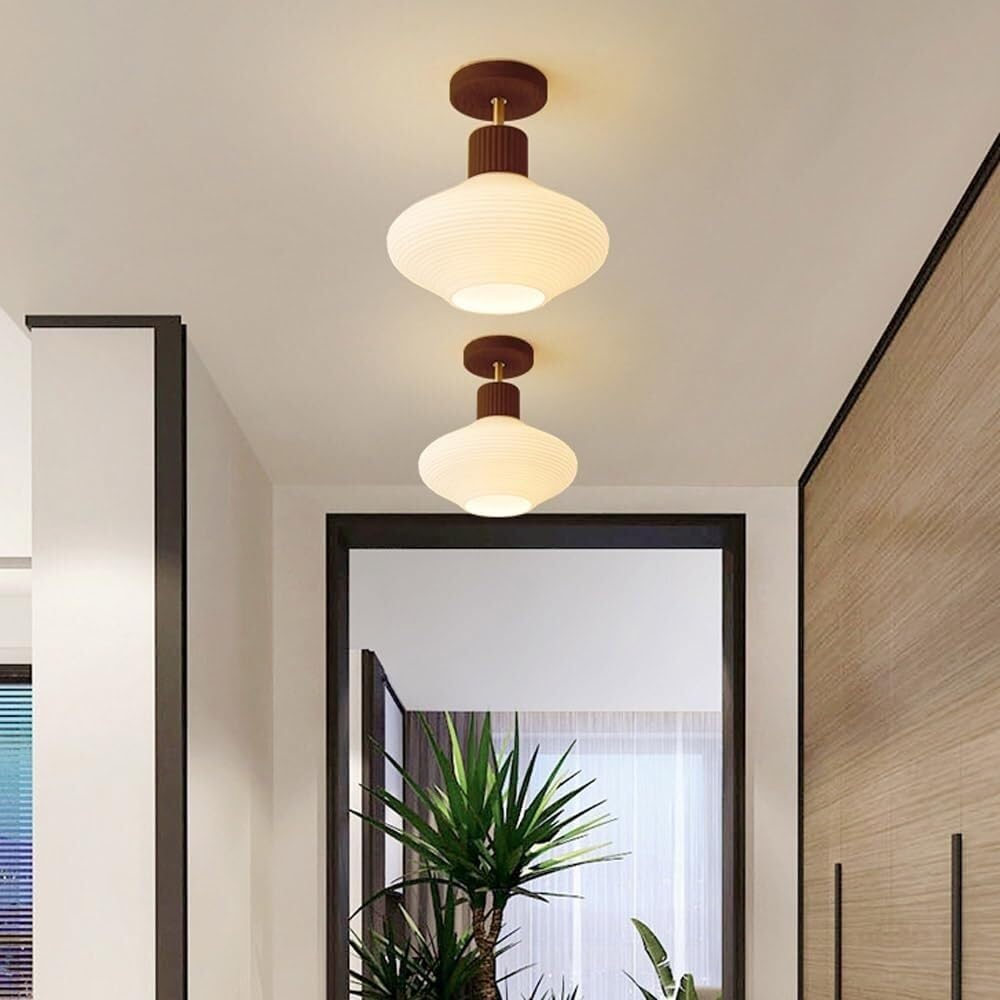 Nowoczesna minimalistyczna lampa sufitowa z naturalnego kamienia żółtego i półwbudowanego drewna orzechowego o kompaktowym cylindrycznym designie idealna do sypialni, korytarza, kuchni, loftu