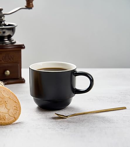 Miniatura 4 de YHOSSEUN Juego de 4 tazas de café apilables de porcelana con estante tazas Demitasse con cucharas de expreso 11 onzas para bebidas de café latte