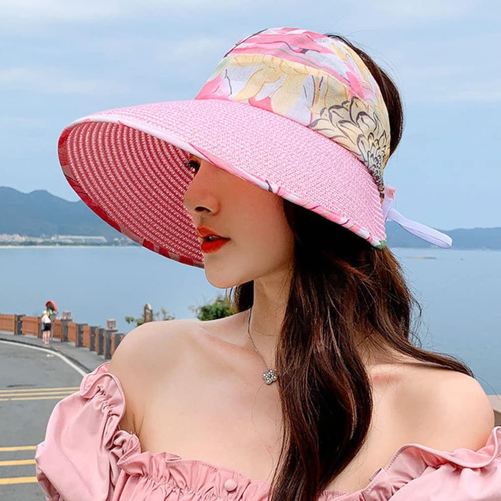 Cappello da sole estivo a coda di cavallo per donna Cappello da spiaggia pieghevole in chiffon traspirante con visiera da spiaggia Cappello di paglia a tesa larga da vacanza casual femminile (Color :
