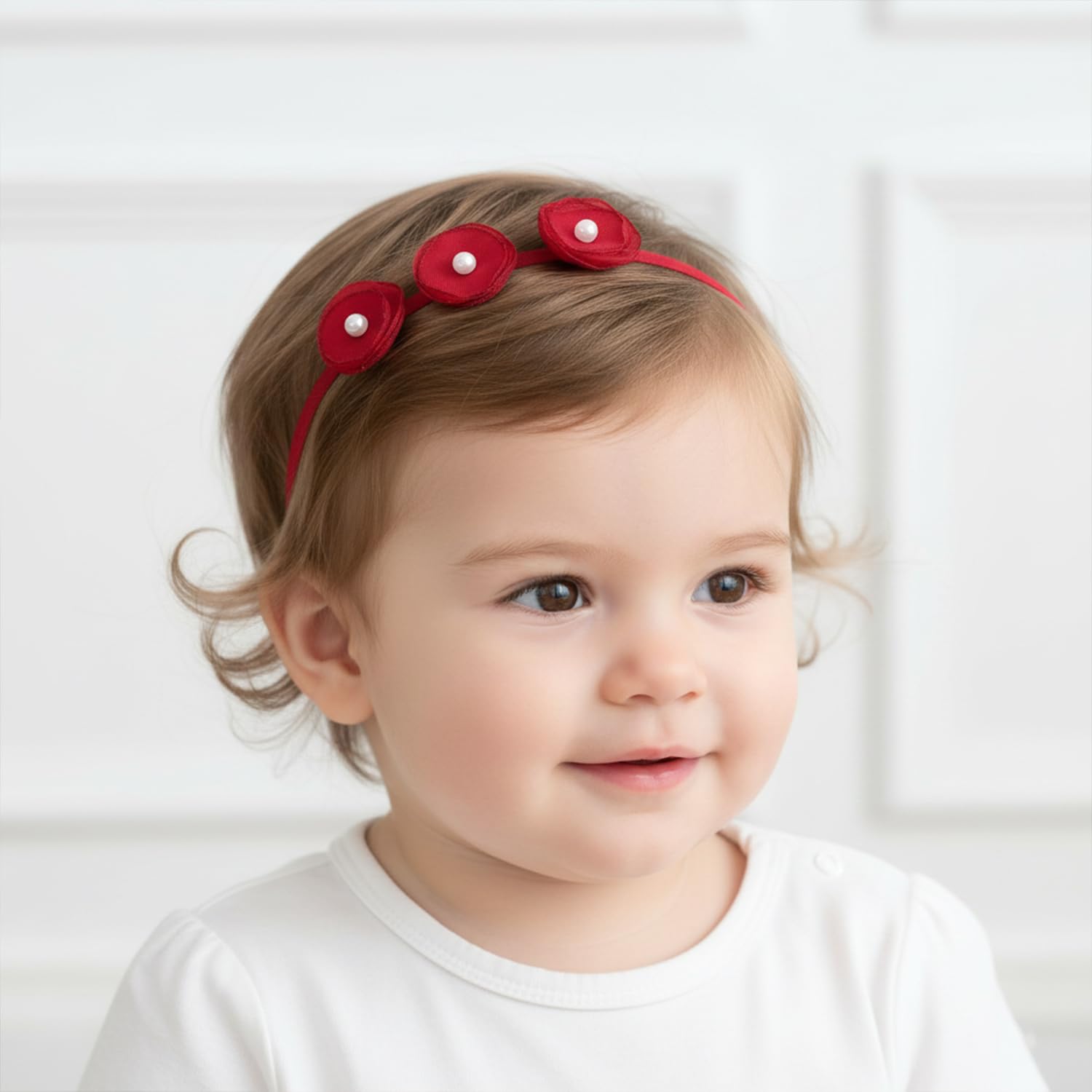 SYGA 3 Pack Baby Girl Headbands β Soft Stretchable Satin Bow & Pearl Flower Hairbands, Elegant Elastic Headband for Newborns, Infants & Toddlers for 0-3 Years (Red, Style 1050) 1