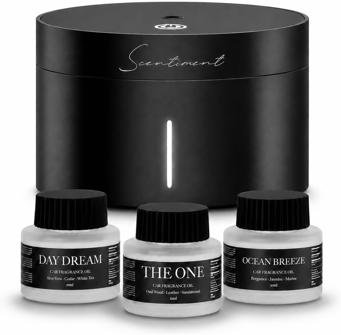 Scentiment Car Diffuser Discovery Kit - Sleek & Stylish Cold Air Waterless Diffuser with Top 3 Luxury Hotel Scent Fragrance Oil Set - Battery Operated Auto Activating Car Fragrance with Dock, Black