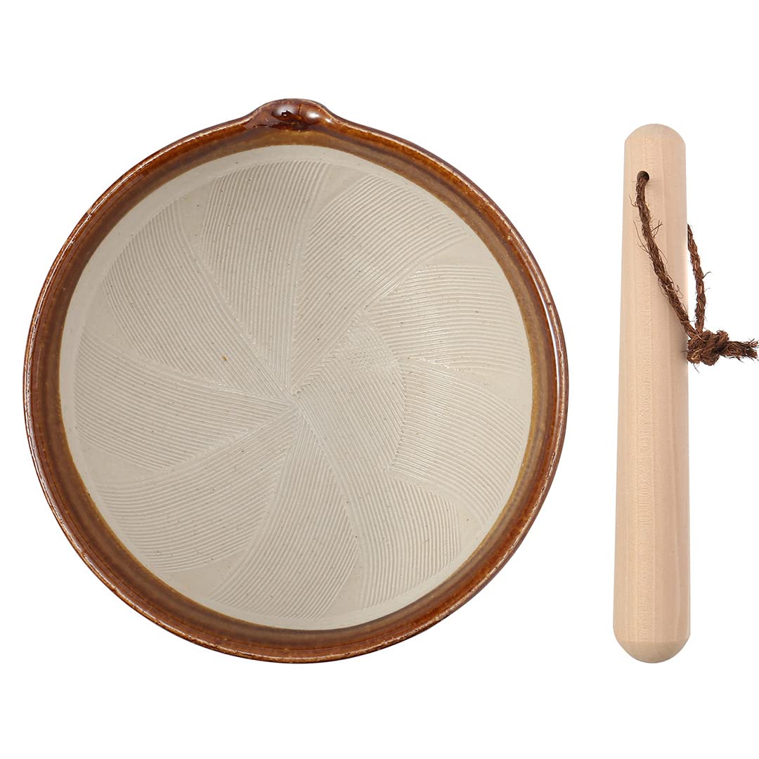 TIKUSAN Mortero y mortero de cerámica Ripple Ridge (Suribachi y Surikogi) con boquilla de 18 cm, fabricado en Japón (marrón)