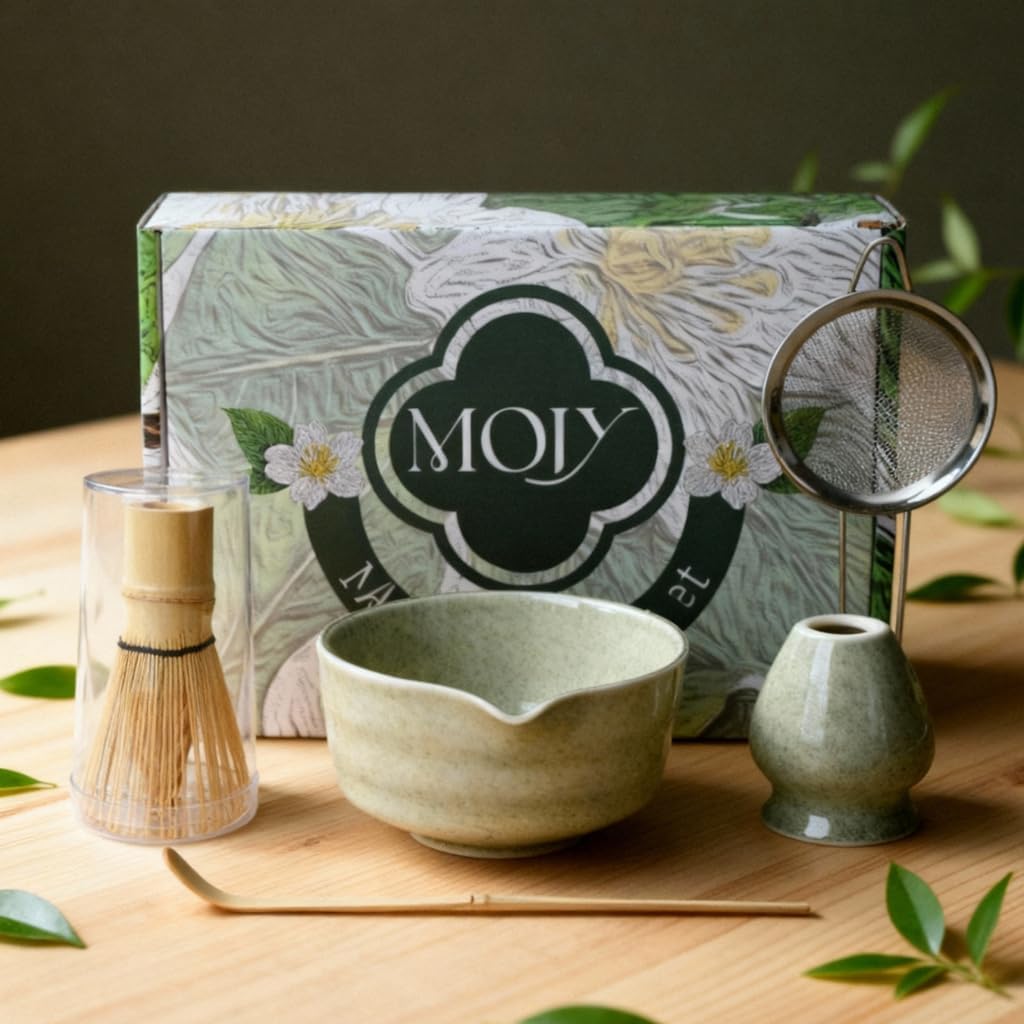 Matcha Whisk Set, Matcha Set, Handcrafted Bamboo Chasen & Ceramic Bowl Matcha Kit, 5 Pcs Matcha Set Whisk and Bowl with Stainless Steel Sifter, Tea Ceremony, Jade