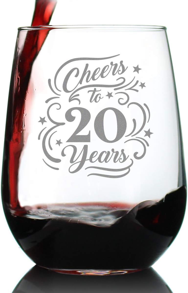 Bevvee Cheers to 20 Years - Stemless Wine Glass Gifts for Women & Men - Set of 2-20th Anniversary or Birthday Party Decor - Large 17 Ounce Glasses