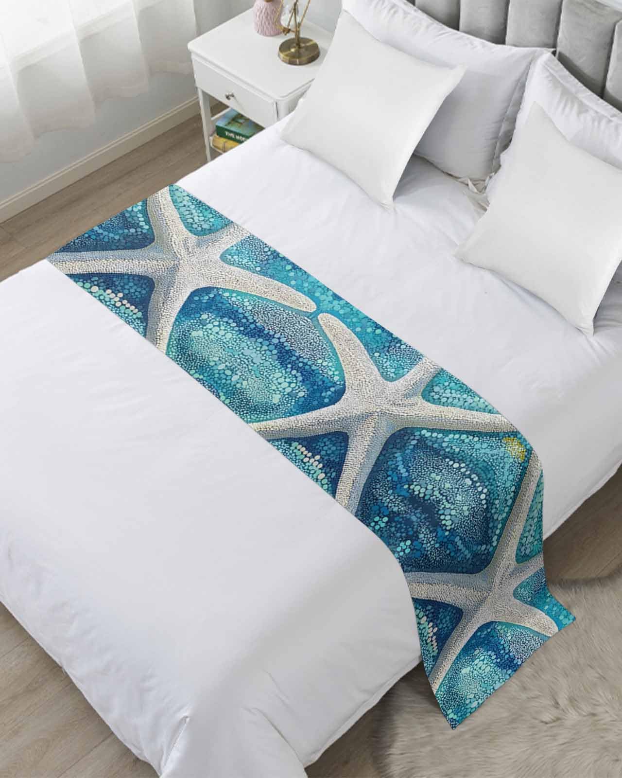 DecorLovee Teal Coastal Starfish Bed Runners for Twin Size Bed, Decorative Bed Throws for Foot of Bed, Summer Watercolor Ocean Bed Runner Sofa Throw Bedding Scarf Protector Slipcover for Bedroom/Hotel