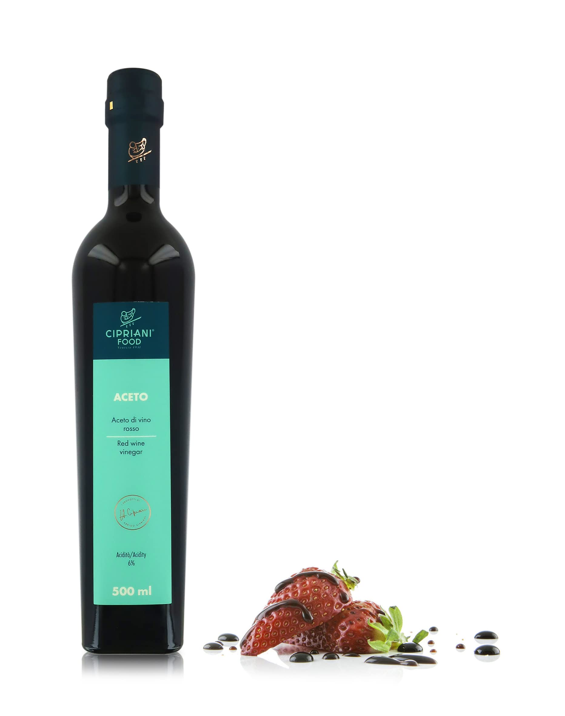 Cipriani Italienischer Rotweinessig, in Eichenfässern Gereift und nach einem Alten Traditionellen Verfahren Gewonnen, Aromatischer Essig mit Niedrigem Säuregehalt, 6 x 500 Ml