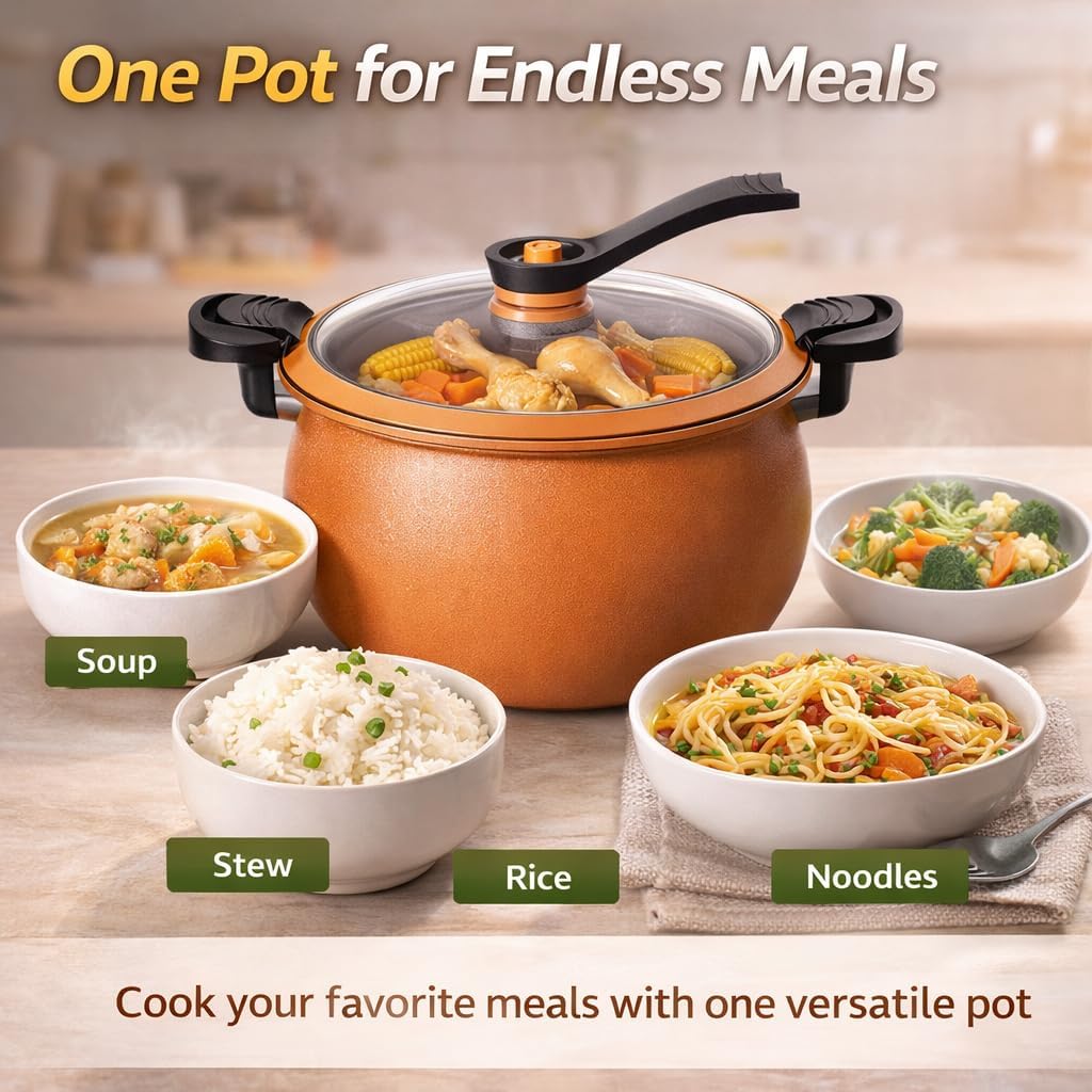 8QT Micro Pressure Cooker Pot, Large Capacity Non Stick Cooking Pot with Low Pressure Steam Valve, Family Size Stew Pot for Soup, Noodles, Compatible with Gas, Induction & Electric Stovetops (Orange)