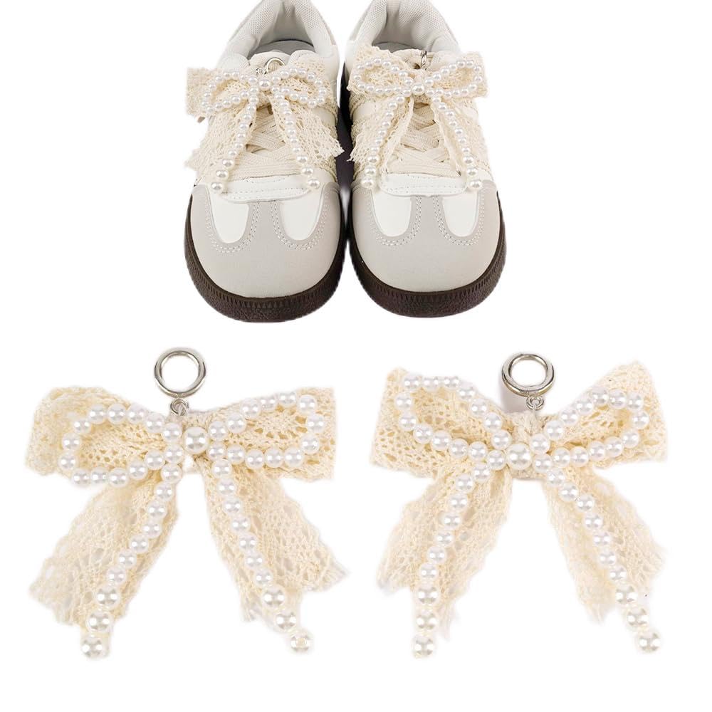 Sasotiye Cute Shoe Lace Charms - Trendy Pearl Bow Sneaker Charms for Women, Luxury Decorations for Dress, Keychain, Bag, Car Accessories