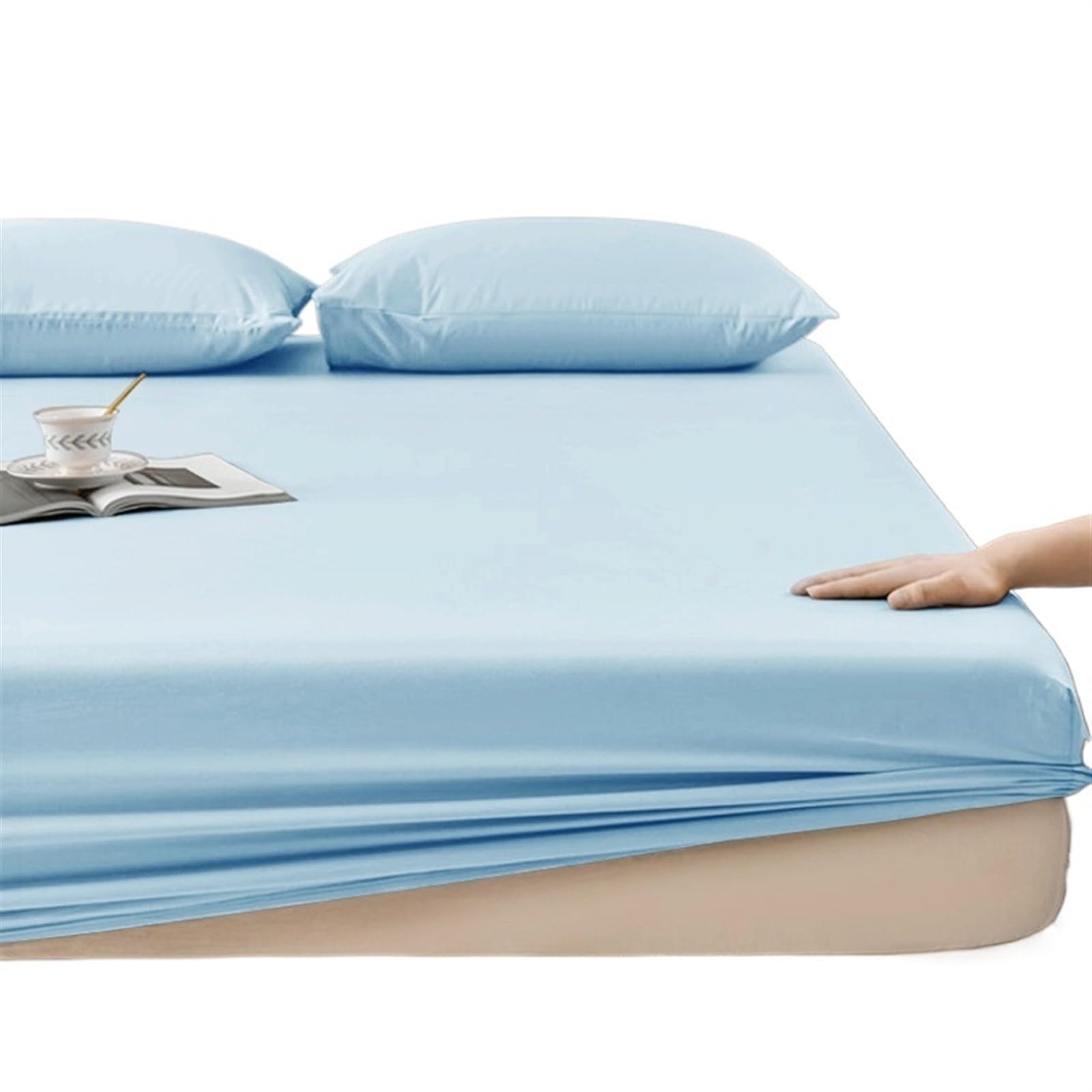 Drap-housse de matelas à élastique intégral, drap lit anti-glisse bleu 120x200