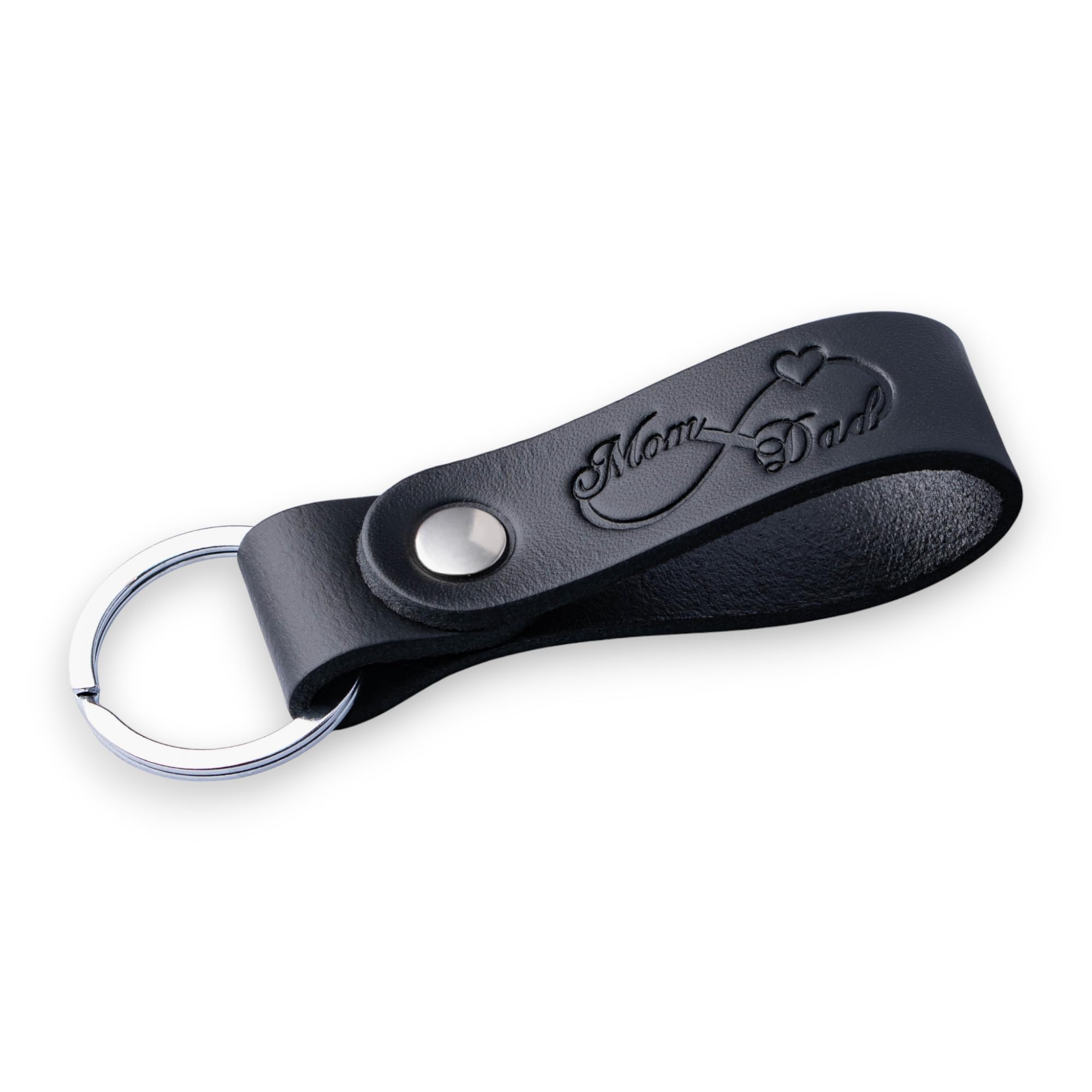 Magor Unisex Infinity Mom Dad Leather Full-Grain Keyring For Men & Women, Personalised Black Keychain For Car Or Home Keys, Elegant Key Ring With Hot-Embossed Design, Premium Gift For Him Her Dad Husband (Infinity Mom Dad)