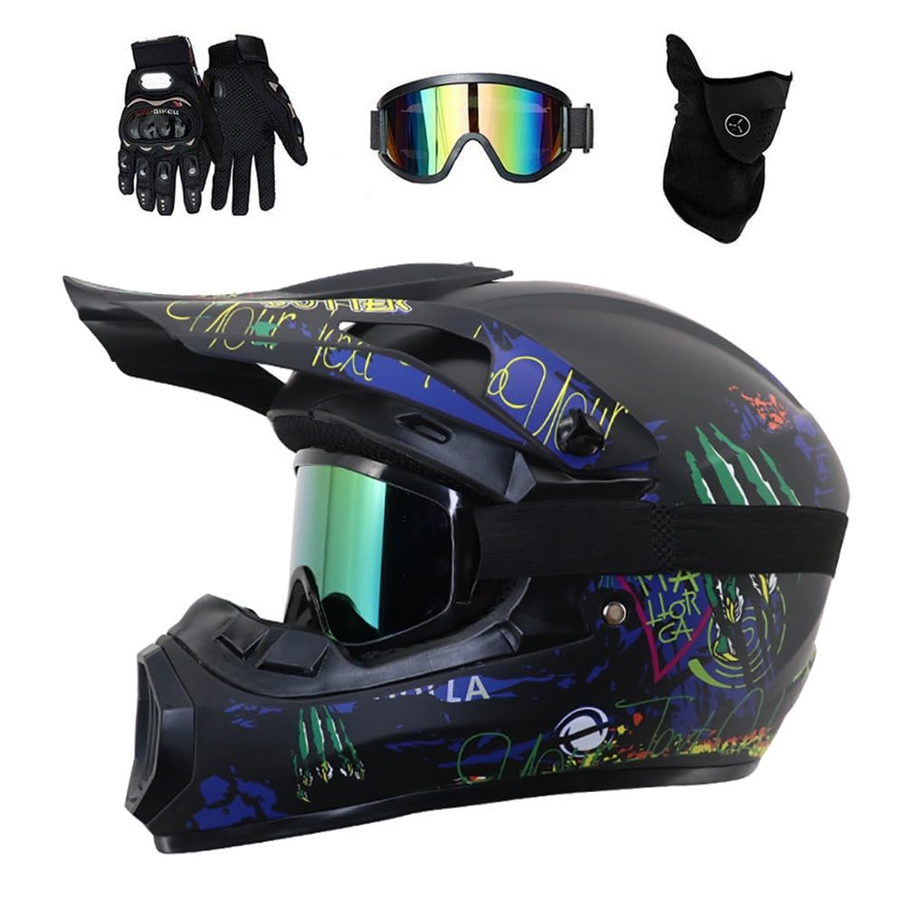 Full Face MTB Motocross Helmet, with Goggles Gloves Mask, Youth Kid Dual Sport Off Road ATV Scooter Motorbike Helmet, Downhill Quad Dirt Bike Enduro Crash Helmets(Matte Black Blue,XL/59-60CM)