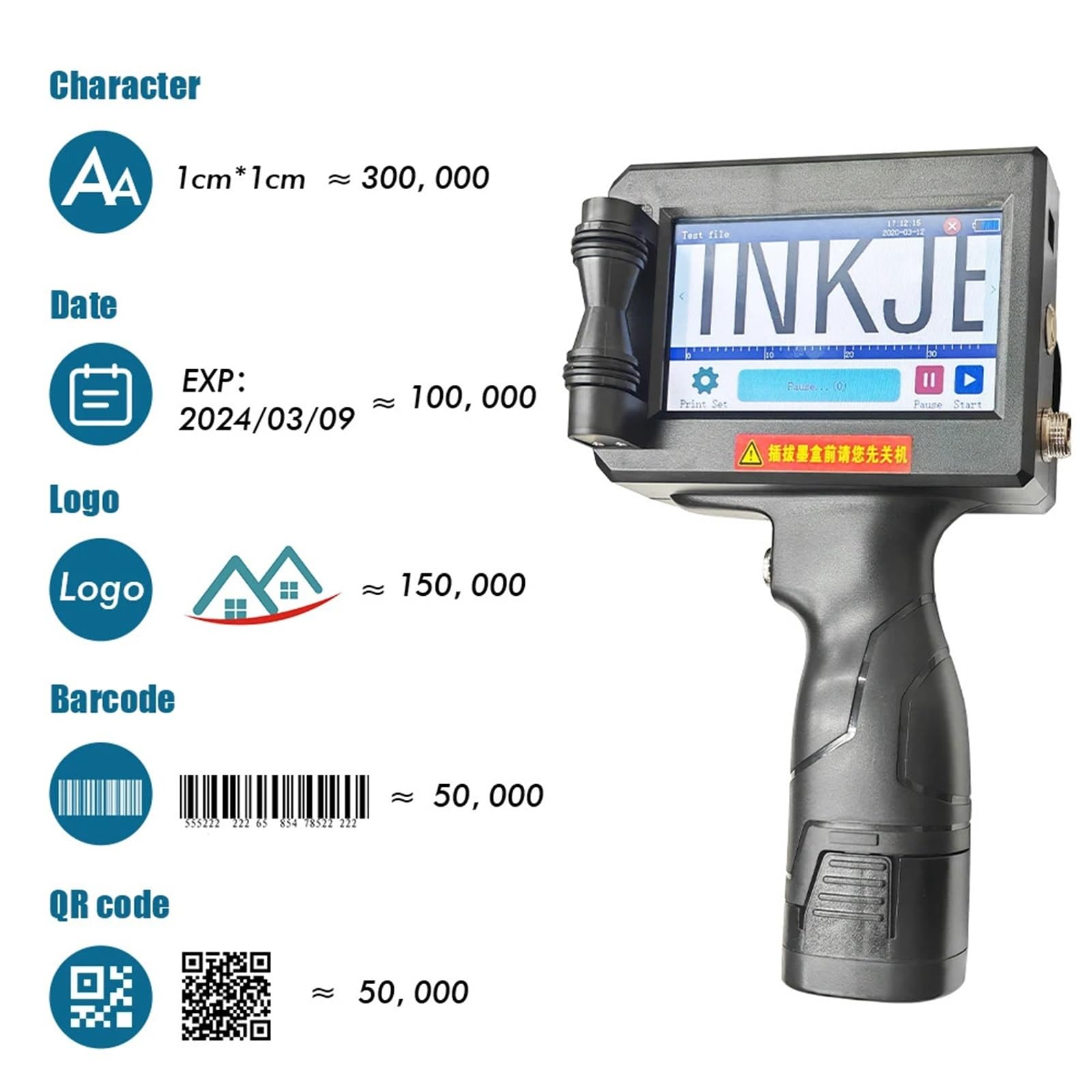 Pistola for Stampante a Getto d'inchiostro Portatile da 12,7 mm con Cartuccia d'inchiostro ad Asciugatura Rapida for Codice a Barre QR Numero di Etichetta for codice Data Stampante