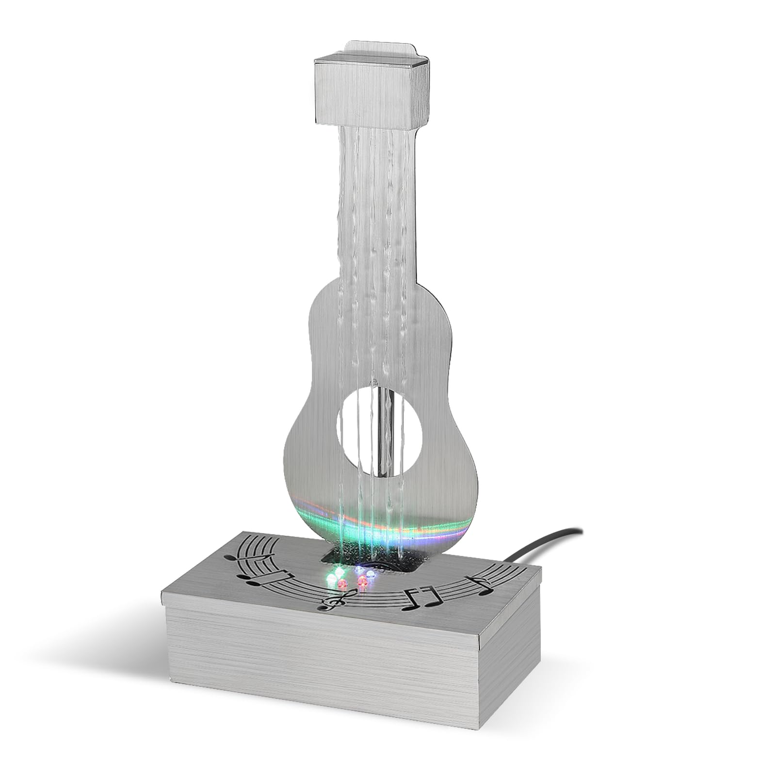 Innenraum Tischplatte Regentropfen Brunnen mit Lichtern, 304 Edelstahl Gitarrenförmige Desktop Meditation Brunnen für Home Office Décor, entspannende Wasserfunktion Luftreiniger Geschenk