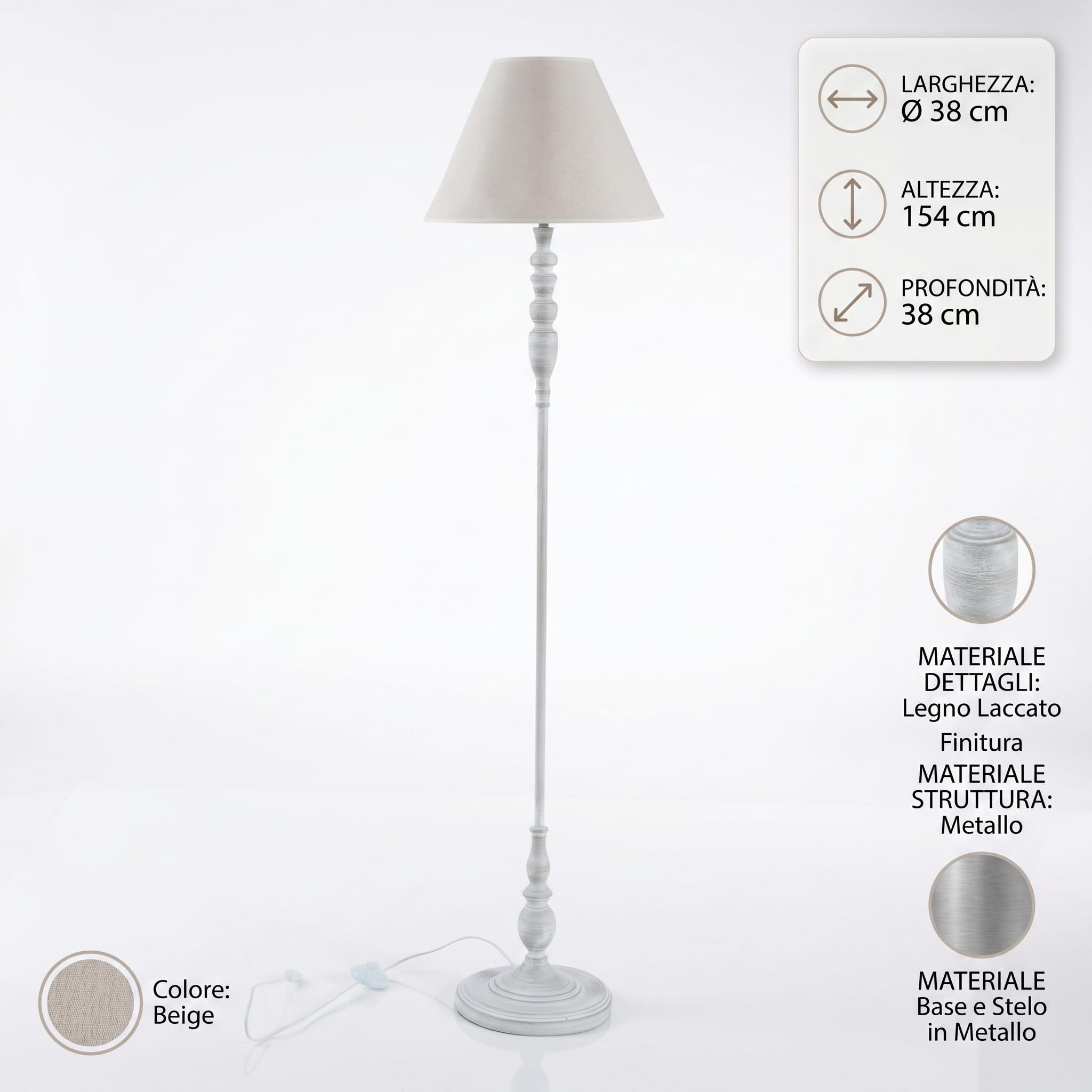 DiKasa Lampada da Terra Classica con Paralume in Tessuto Beige e Base in Metallo Grigio, Design Elegante e Minimal per Soggiorno Camera da Letto e Angolo Lettura 38x154 cm