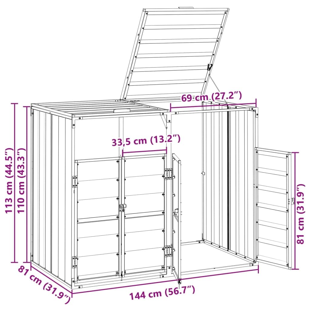 vidaXL Copribidone con Ruote per 2 Bidoni Grigio 144x81x113 cm Acciaio, copribidone singolo con ruote, copribidone da giardino, copertura per cassonetti