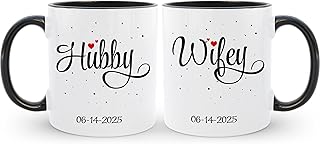 Personalized Hubby & Wifey Coffee Mug Set | Customized Couple Gift Set for Engagement, Wedding, Anniversary, Valentine's Day | Custom Name Ceramic Tea Cup | 11 oz (White - Black)