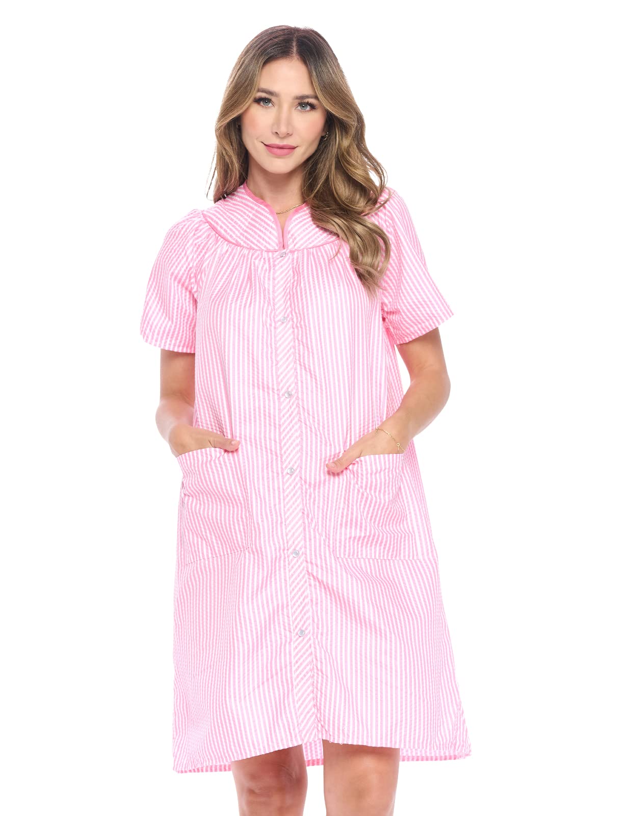 Women's Snap - Front House Dress Short Sleeve SeerSucker Woven Housecoat Duster Lounger Robe with Pockets, Striped Pink, 4X-Large