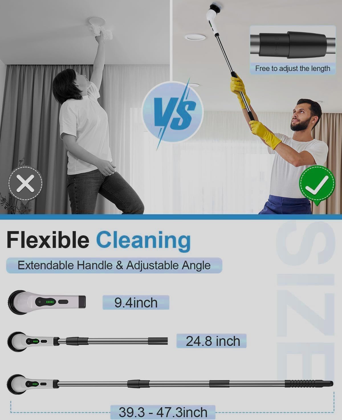 COOKVITA 9 in 1 Electric Spin Scrubber,Cleaning Brush Scrubber for Home, 300RPM/Mins 8 Brush Heads - 90Mins Work Time, 3 Adjustable Size, 2 Adjustable Speeds for Bathroom Shower Bathtub Car 4