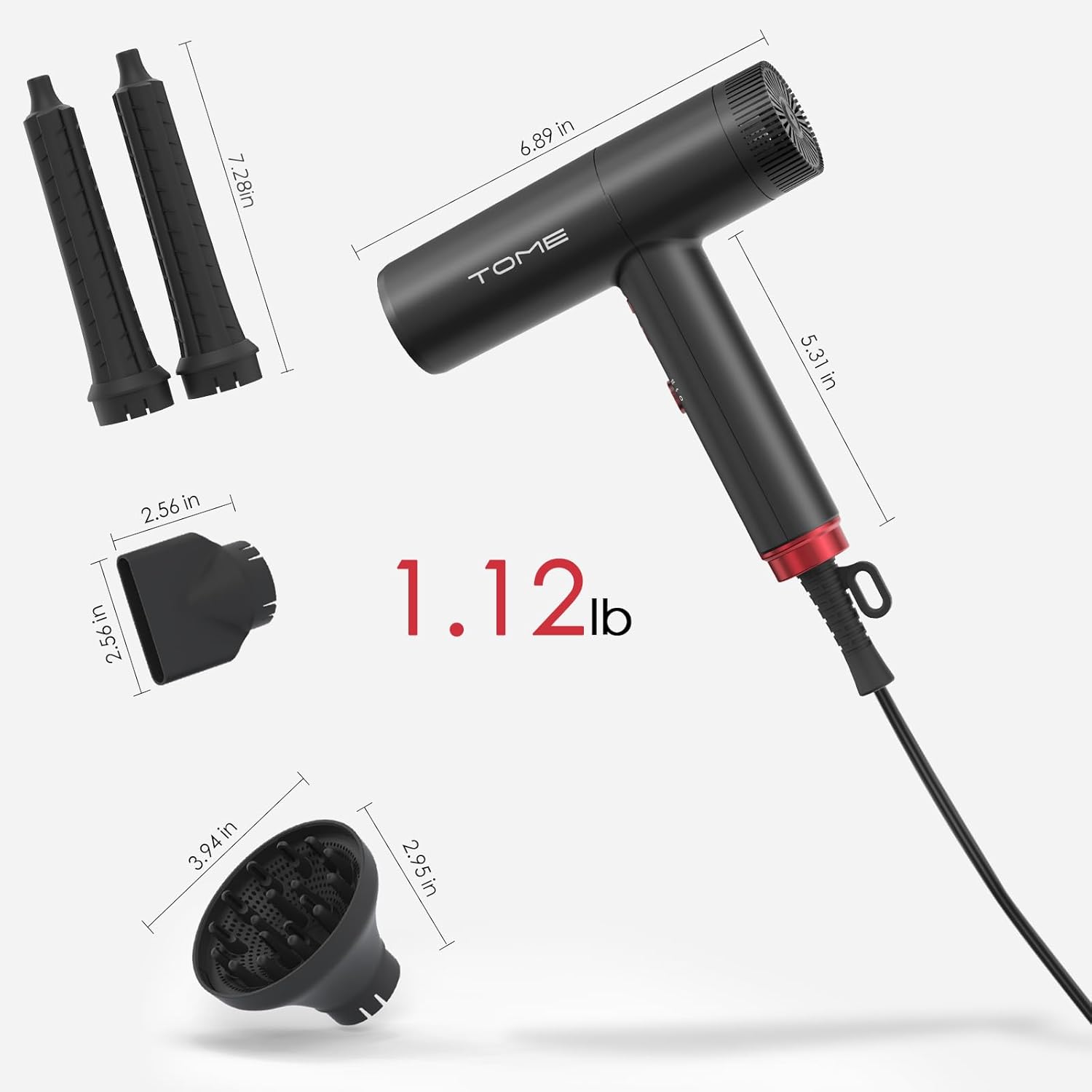 TOME Hair Dryer, 1875W High-Speed EC Motor 110,000 RPM Ionic Blow Dryer, Fast Drying, Cool Shot Lock, 3 Heat 2 Speed, 4 Attachments (Styling Nozzle, Diffuser, 2 Air-Powered Wrap Wands), 125V Red