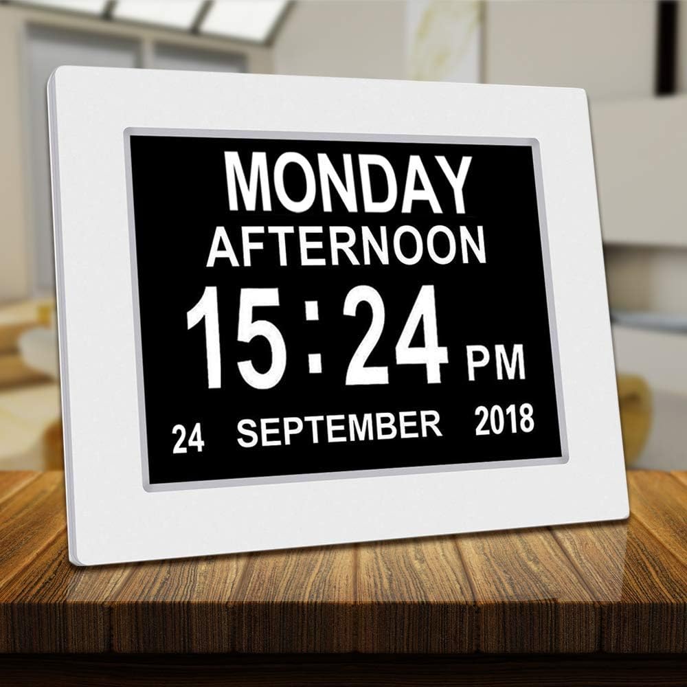 SINOIDEAS Calendar Memory Loss Day Clock with Digital Photo Frame, Extra Large Non-Abbreviated Day & Month, 7 Inch White