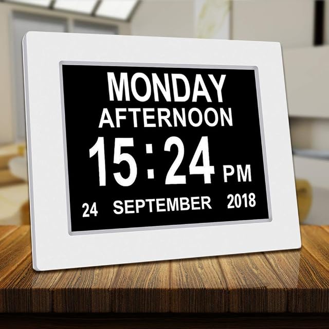 SINOIDEAS Digital Calendar Day Clock,Digital Memory Loss Day Clock with Digital Photo Frame, Extra Large Non-Abbreviated Day & Month for Seniors Visually Impaired Blinds Elderly Alzheimer (White)