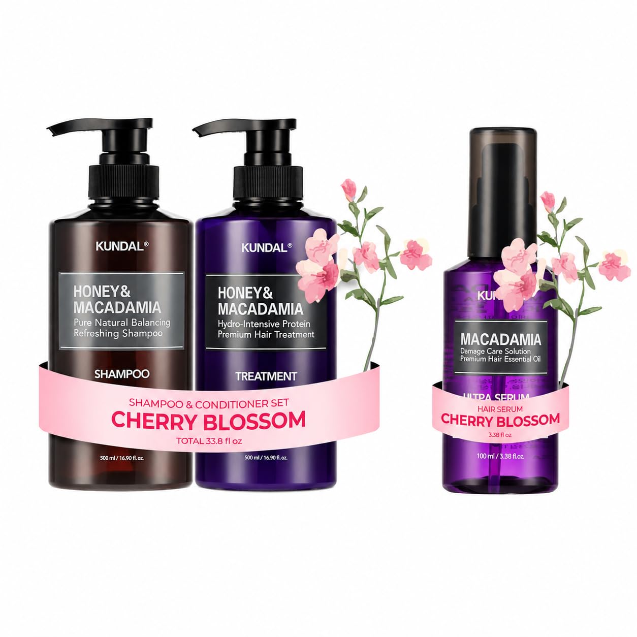 KUNDAL Honey & Macadamia Korean Hair Care Shampoo & Conditioner Set + Hair Serum, Cherry Blossom
