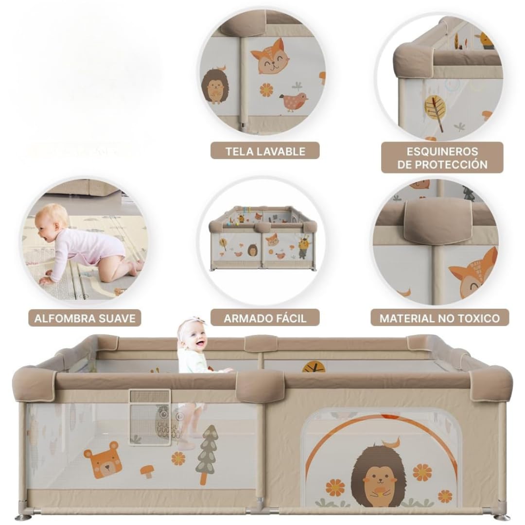Box per bambini della foresta, 150 x 180 cm, con rete di animali, traspirante, tappetino imbottito + 60 palline, box pieghevole antiscivolo (120 x 120 cm, foresta)