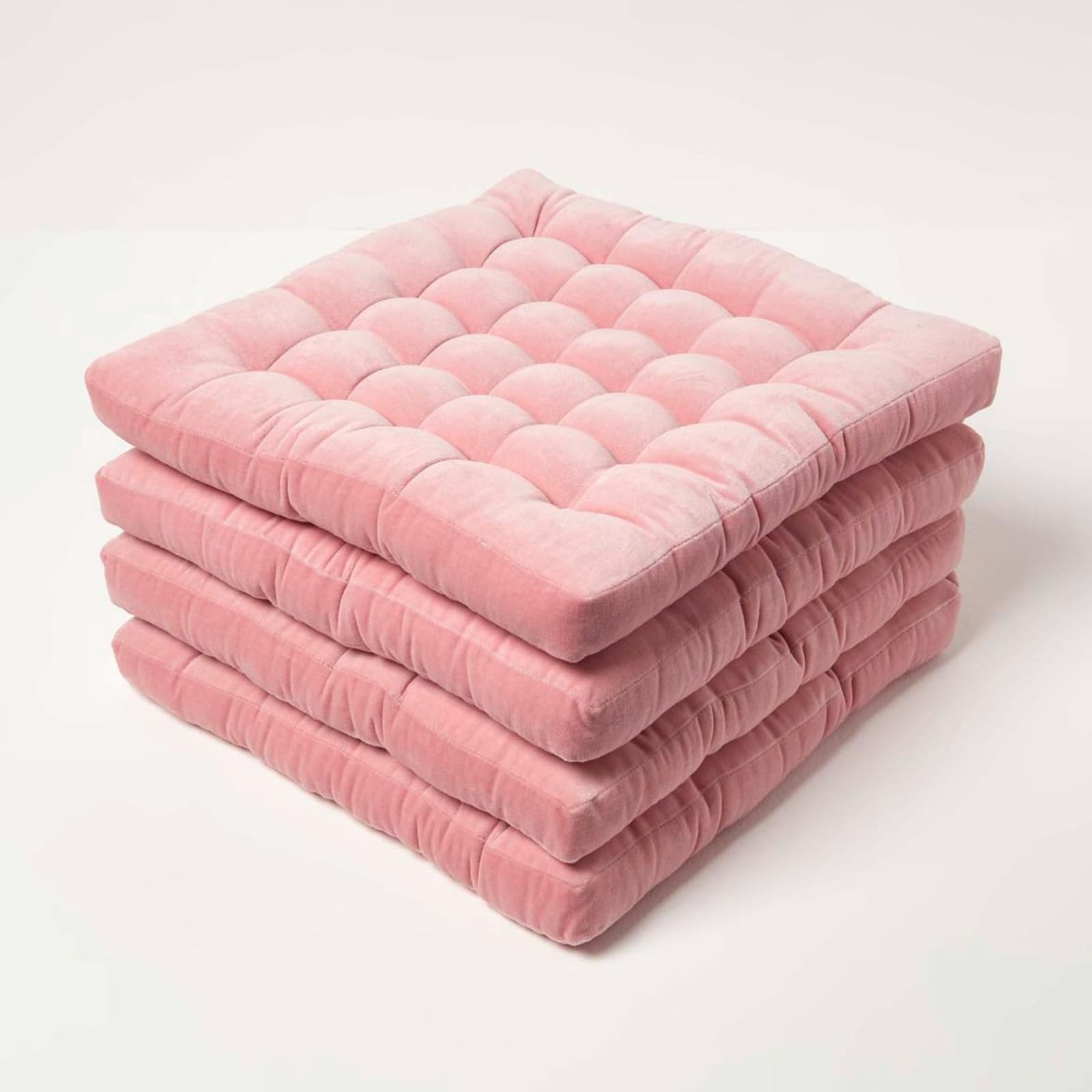 Homescapes Pink 4 Pack Seat Pads Luxury Cotton Velvet Indoor Outdoor Garden Cushion, 40Cm In | Size: 40Cm X 40Cm