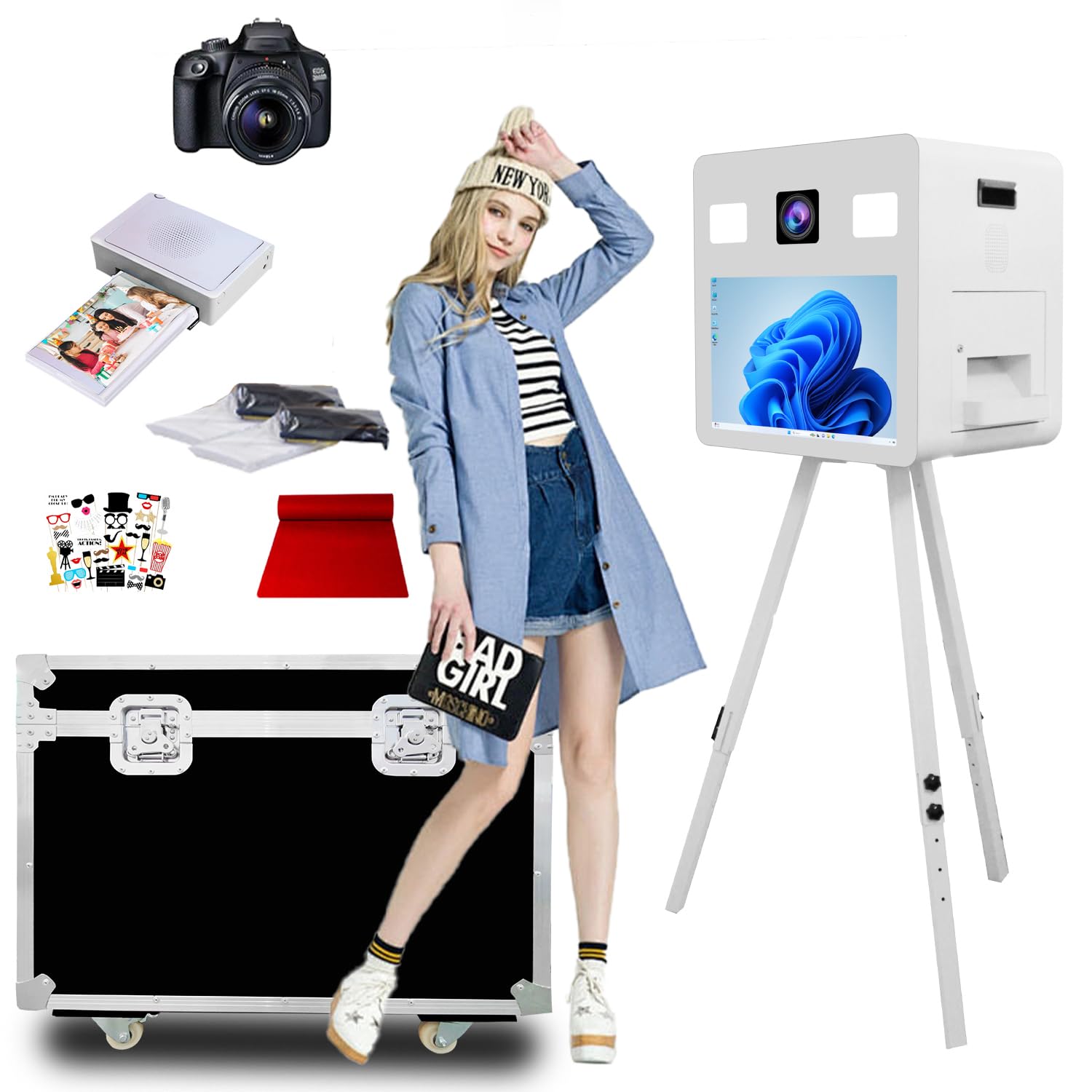DSLR fotomat ze statywem, ekranem dotykowym 21,5", DSLR fotomat z etui lotniczym, automat fotograficzny na imprezy, wesela, do wypożyczenia (kolor biały, foto Booth + aparat + drukarka)