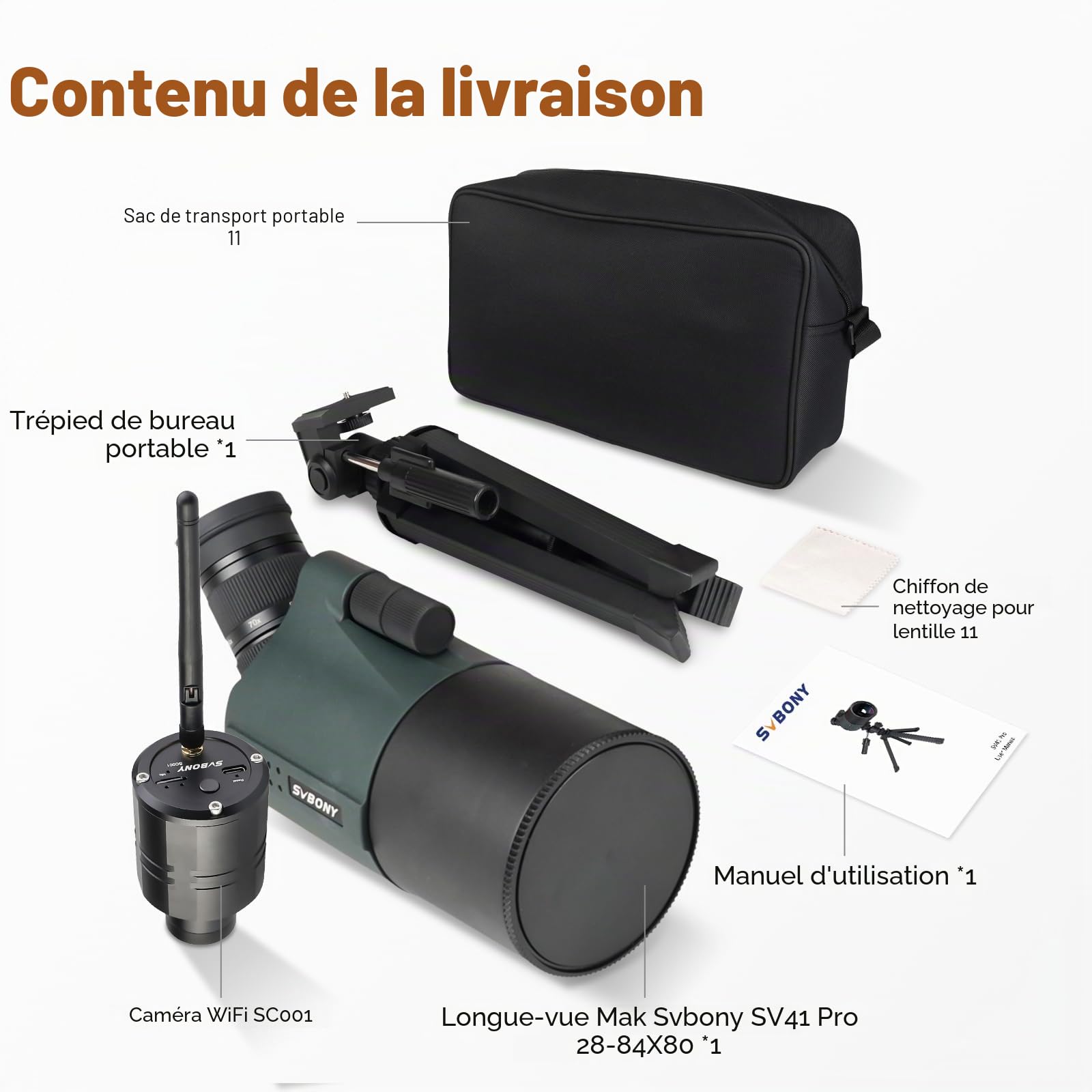 Svbony SV41Pro Mak Longue Vue avec Trépied et SC001 WiFi Caméra, 28-84X80 FMC Mise au Point à Double Vitesse, Longue Vue Puissante pour Le Tir Sportif et la Chasse, Observation des Oiseaux