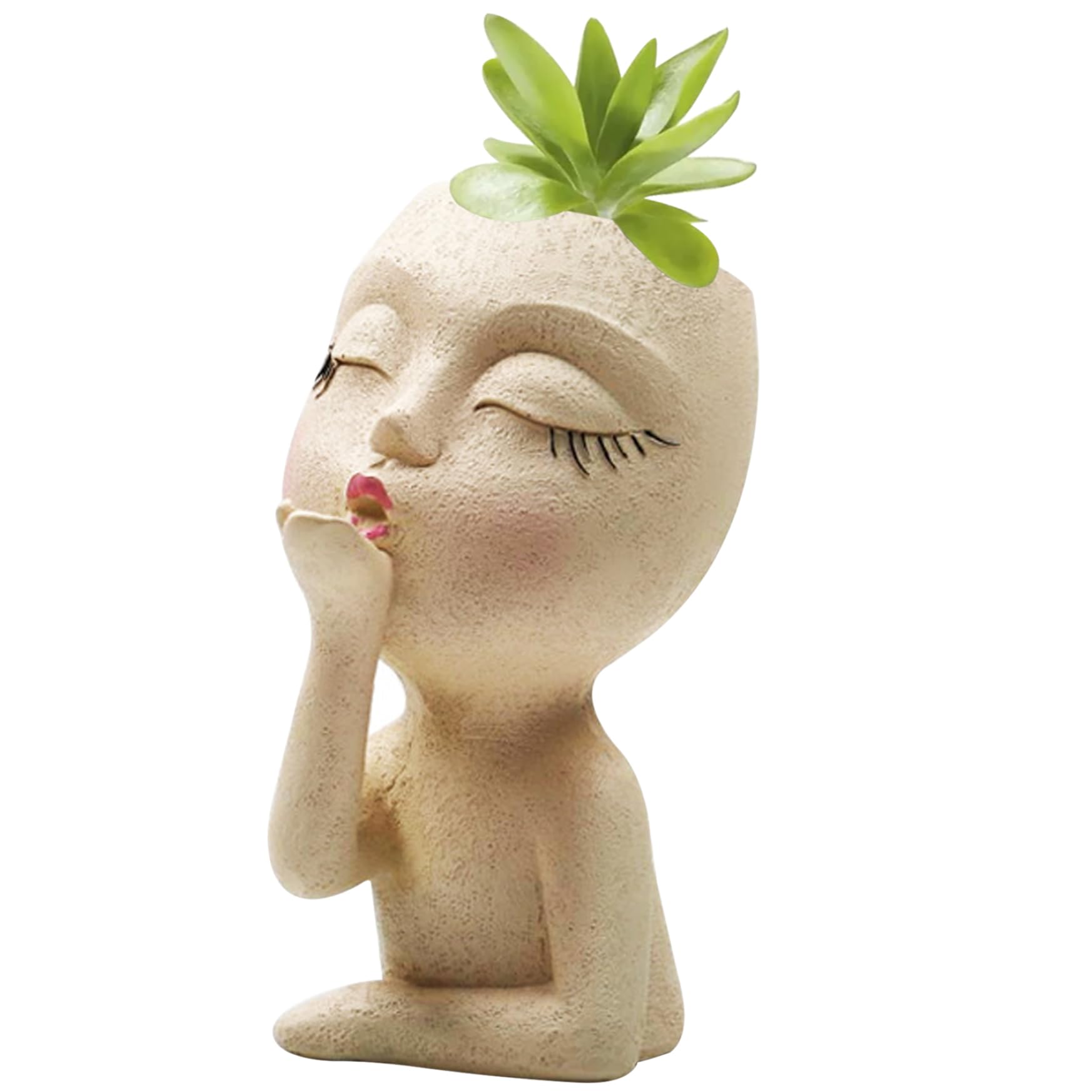 Grtheenumb Girls Beige Yellow Face Planters|Face Planter Cute Flower Pot Throwing Kisses Resin Head Planter Vivid Decorative Unique Plant Pots For Home Balcony Garden Yard,