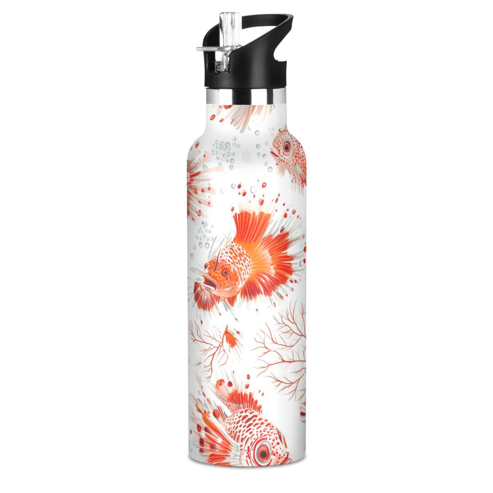 Aesthetic Lionfish White Leak Proof BPA Free Kids Water Bottle with Leak Proof Spout Lid Hot Cold Double