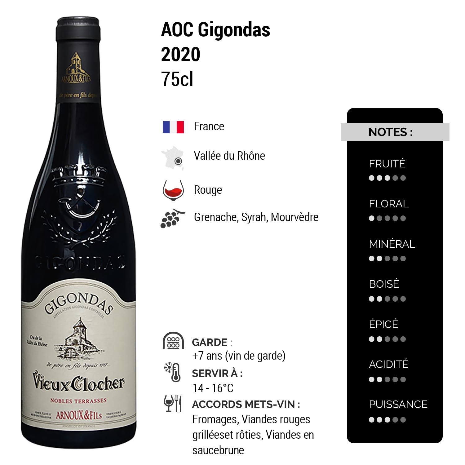 Gigondas Vieux Clocher Nobles Terrasses - Rouge 2020 - Arnoux et Fils - Vin Rouge de la Vallée du Rhône (3x75cl)