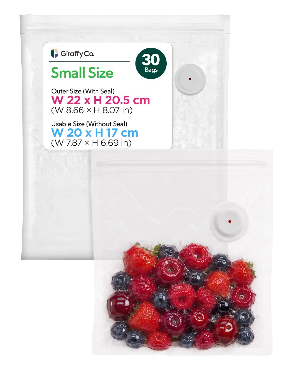 Giraffy Co. Reusable Vacuum Sealer Bags for Food, Small 30 pcs (22 x 21 cm / 8.7 x 8.3 in) – BPA-Free, Leak-Proof, Odor-Resistant Zip Bags with Air Valve, Compatible with Handheld Vacuum Sealers