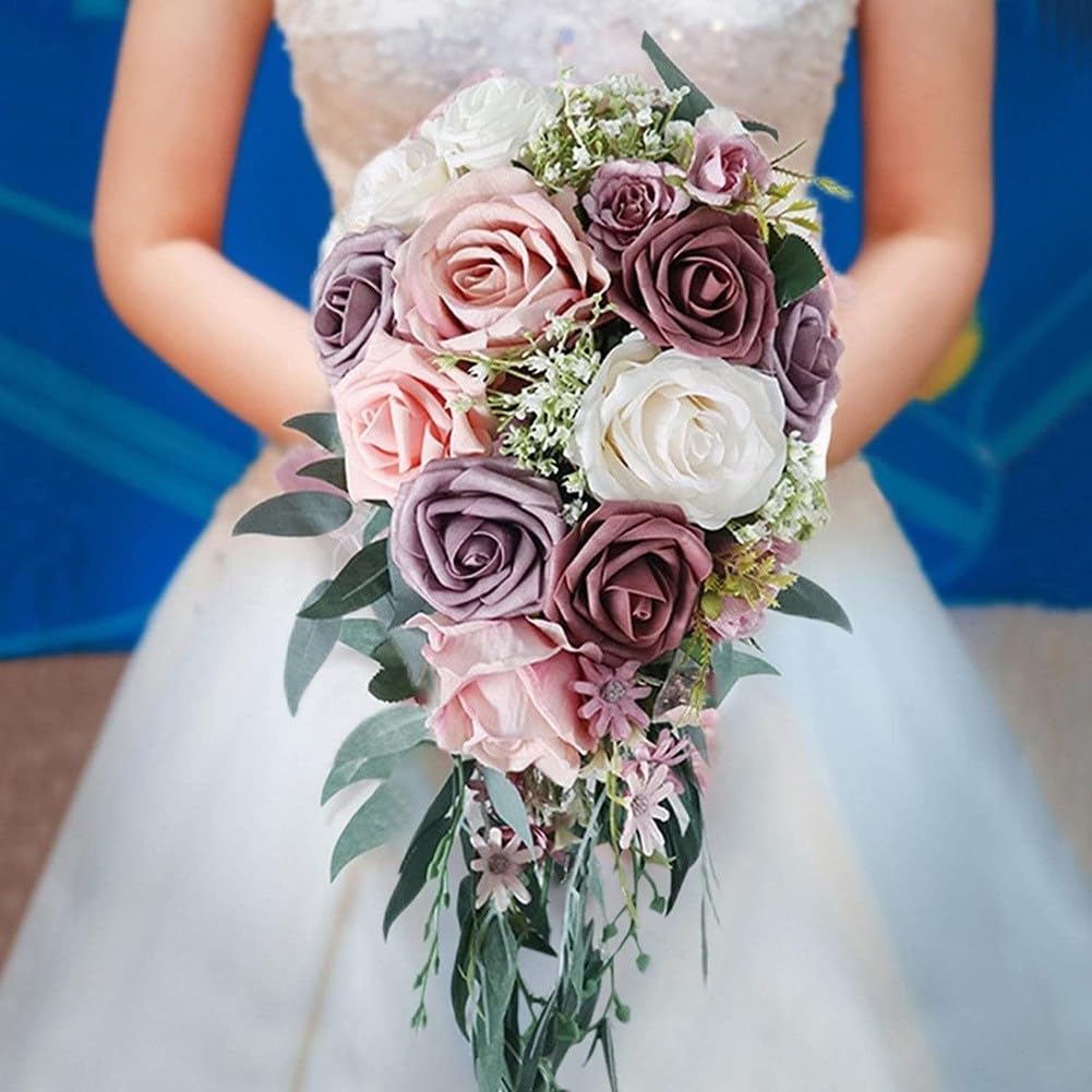 Per bouquet da sposa in seta di alta qualità, elegante stile cascata, fiori artificiali per matrimonio, romantico, decorazione da giardino europeo, rosa (blu)
