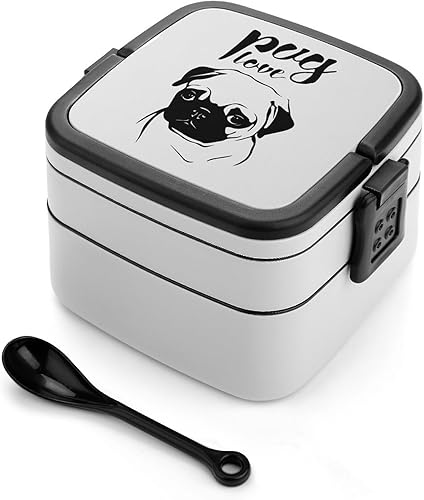 Pug Love - Caja Bento de doble capa con estampado de amor, cajas de almuerzo desmontables con cuchara para el trabajo y picnic